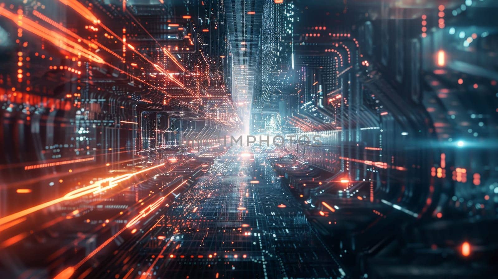 A futuristic cityscape with a bright orange and blue light show. The lights are scattered throughout the scene, creating a sense of movement and energy. Scene is one of excitement and wonder