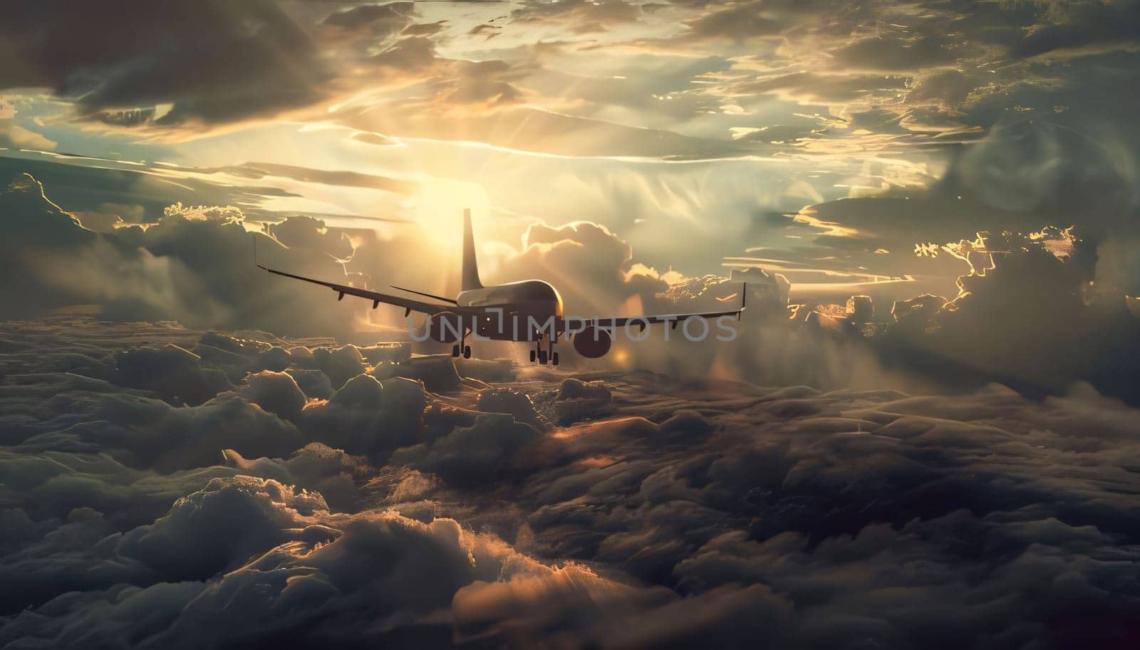 Airplane flying above the clouds at sunset. 3d illustration. by ThemesS