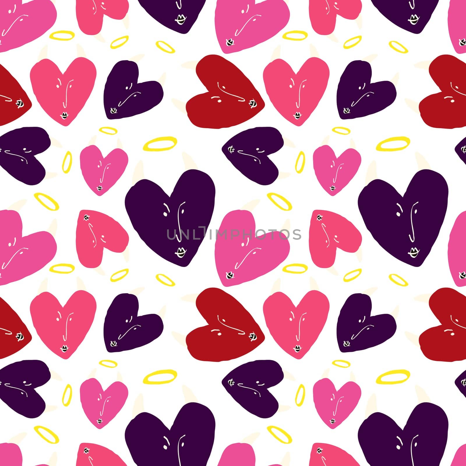 pink Valentines Day pattern with ugly funky hearts. Groovy cute love characters pattern