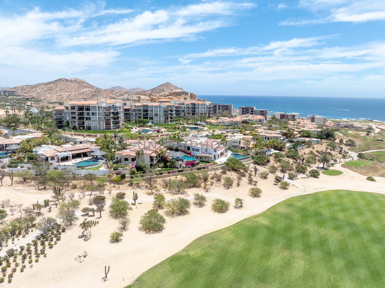 Aerial view of luxury golf course on the pacific ocean in Los Cabos, Cabo San Jose, Mexico