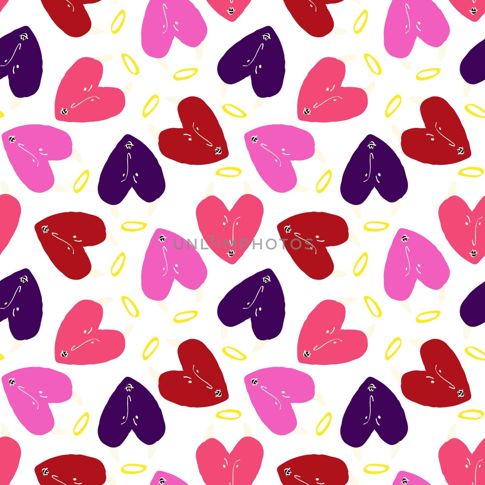 pink Valentines Day pattern with ugly funky hearts. Groovy cute love characters pattern