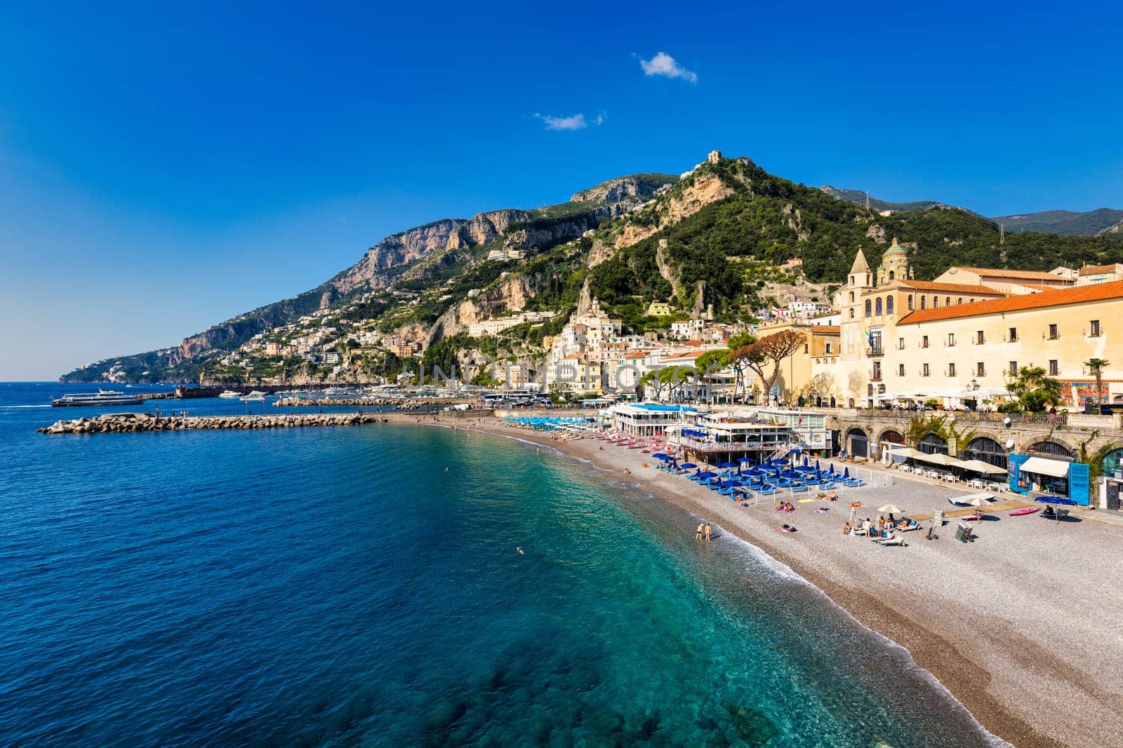 View of beautiful Amalfi town, Campania, Italy. Amalfi coast is most popular travel and holiday destination in Europe. Amalfi cityscape on coast line of mediterranean sea, Amalfi coast, Italy.