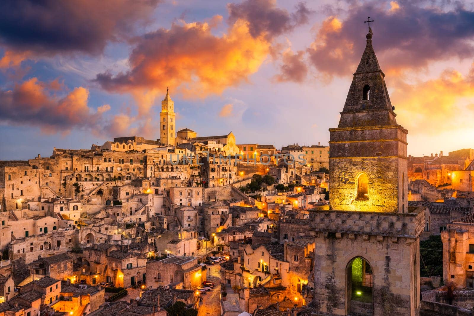 Panoramic view of the ancient town of Matera (Sassi di Matera) in a beautiful autumn day, Basilicata, southern Italy. Stunning view of the village of Matera. Matera is a city on a rocky outcrop.