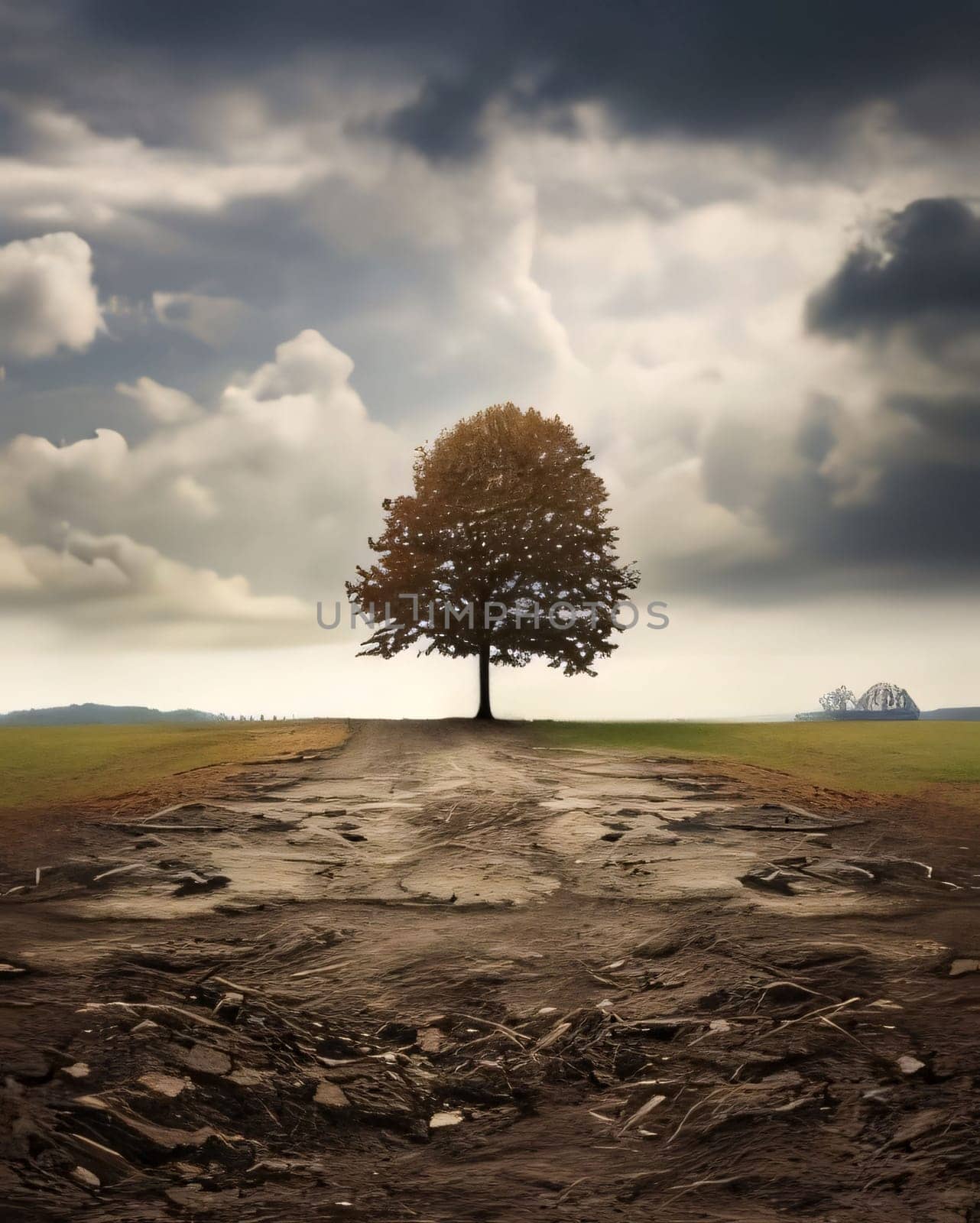 lonely tree on a dirt road in the countryside with dramatic sky by ThemesS