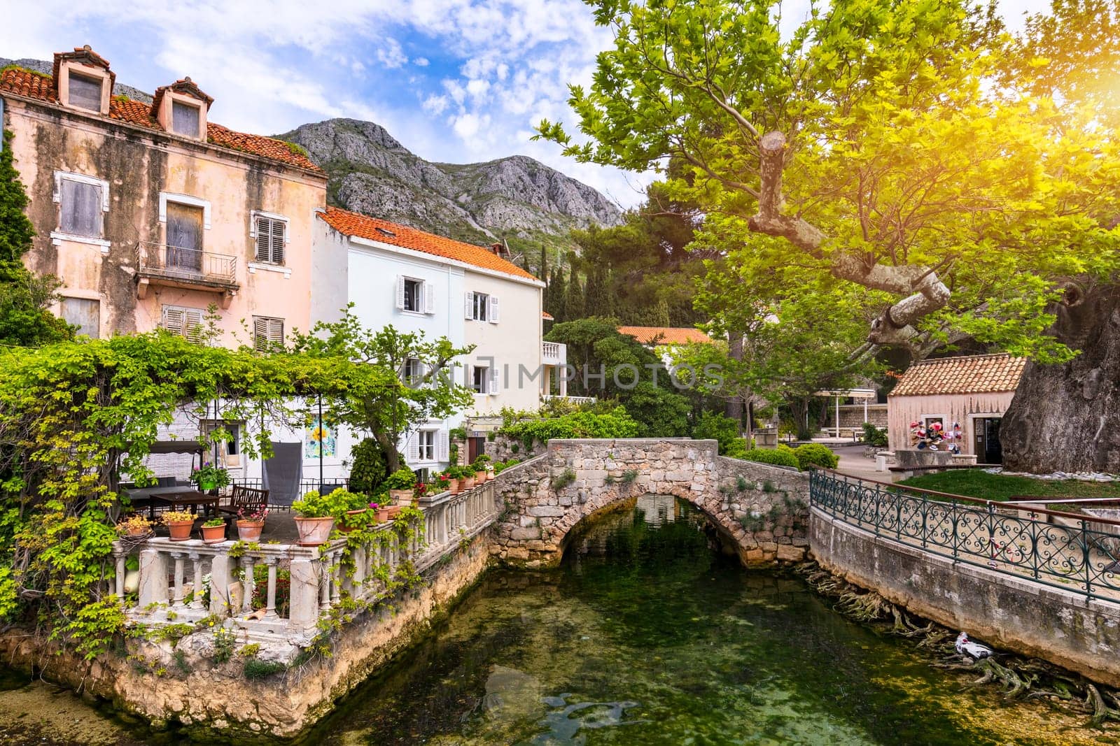 Idyllic village of Mlini in Dubrovnik archipelago view, south Dalmatia region of Croatia. Adriatic village of Mlini waterfront aerial view, Dubrovnik coastline of Croatia.