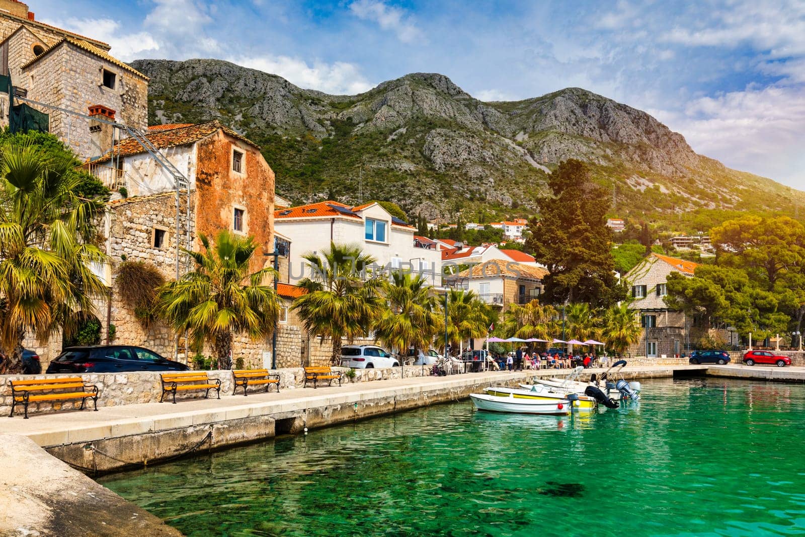 Idyllic village of Mlini in Dubrovnik archipelago view, south Dalmatia region of Croatia. Adriatic village of Mlini waterfront aerial view, Dubrovnik coastline of Croatia. by DaLiu