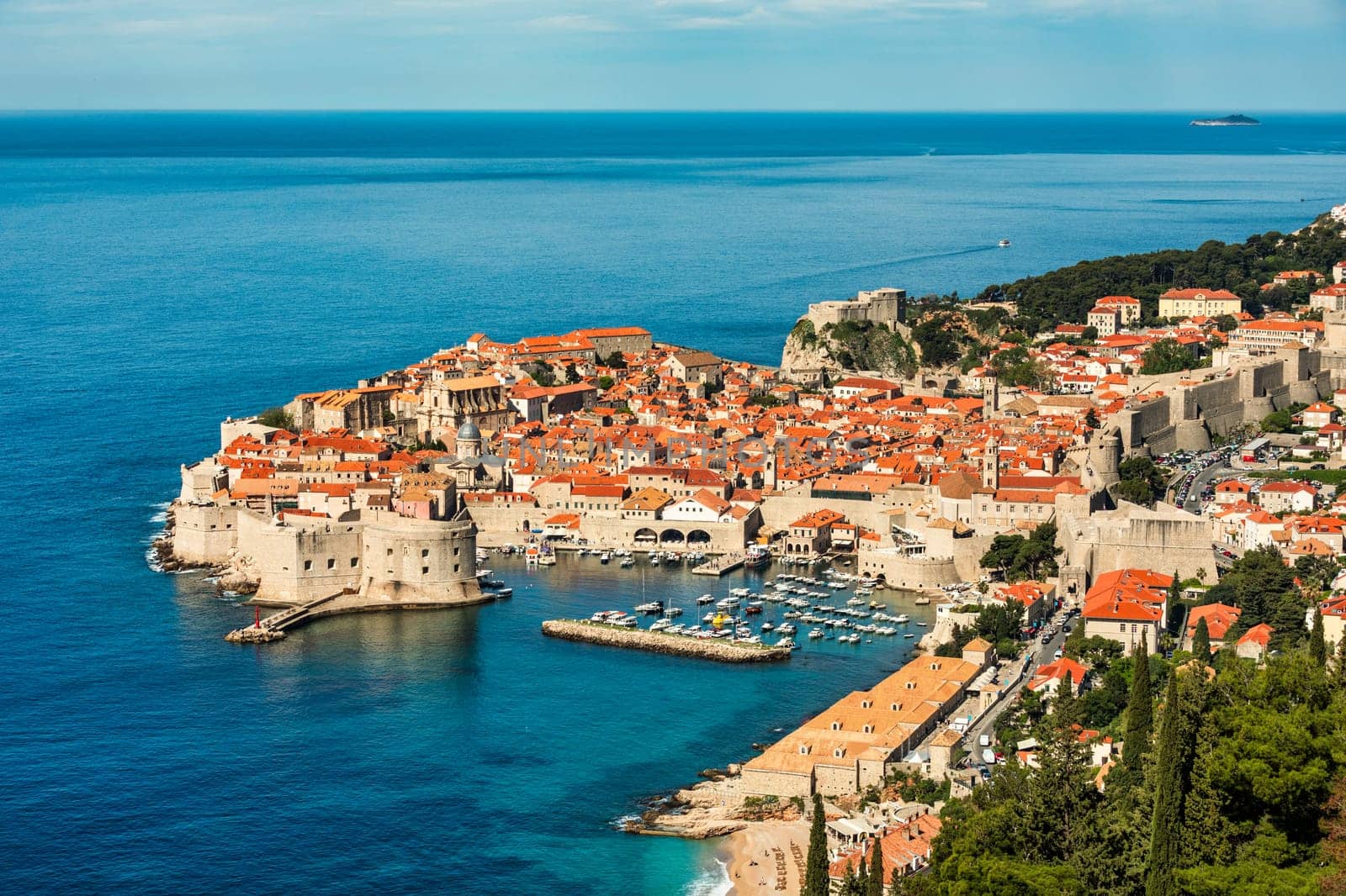 The aerial view of Dubrovnik, a city in southern Croatia fronting the Adriatic Sea, Europe. Old city center of famous town Dubrovnik, Croatia. Dubrovnik historic city of Croatia in Dalmatia.  by DaLiu