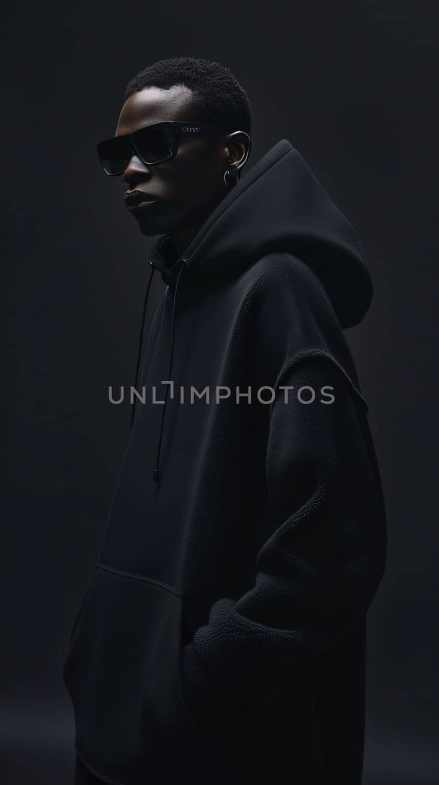 Fashionable african american man in black hoodie and sunglasses on dark background by ThemesS