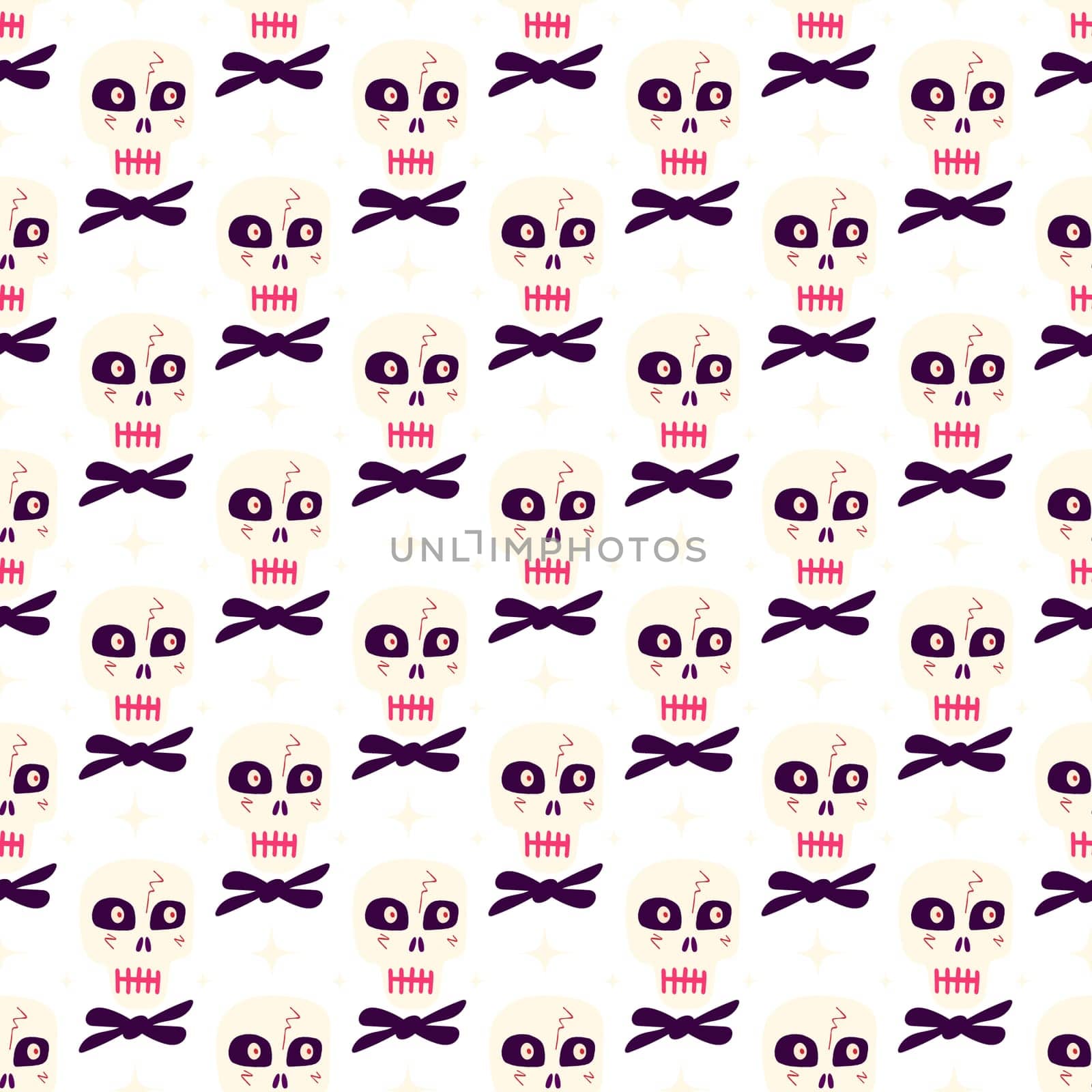 Pink cartoon seamless pattern with funny skulls by Dustick