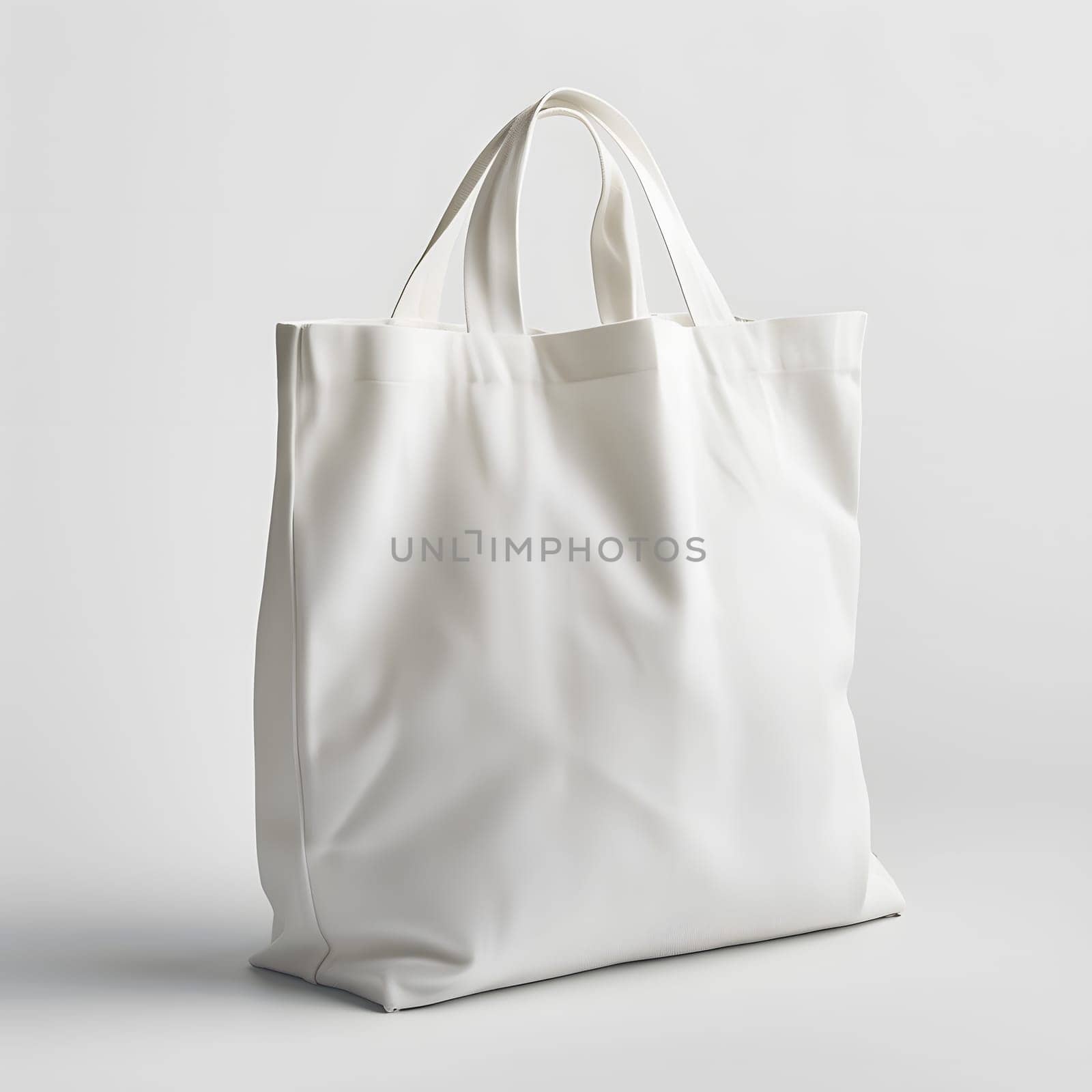 A white tote bag made of natural material is elegantly displayed on a white surface, highlighting its silver metal accents. This fashion accessory is perfect for any art event