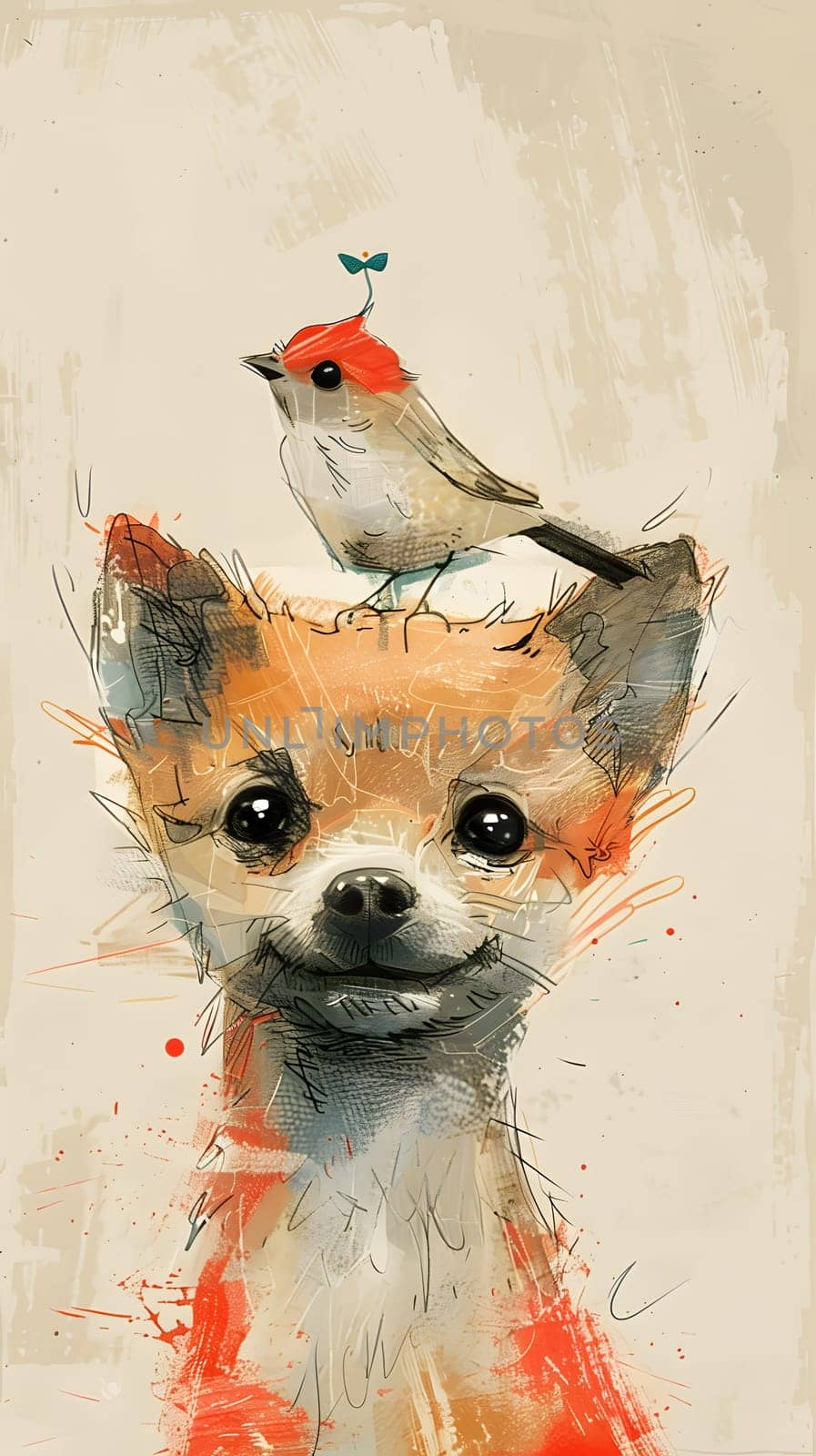 An art piece depicting a fawncolored dog with a bird perched on its head. The painting captures the whimsical scene with detailed whiskers and vivid colors