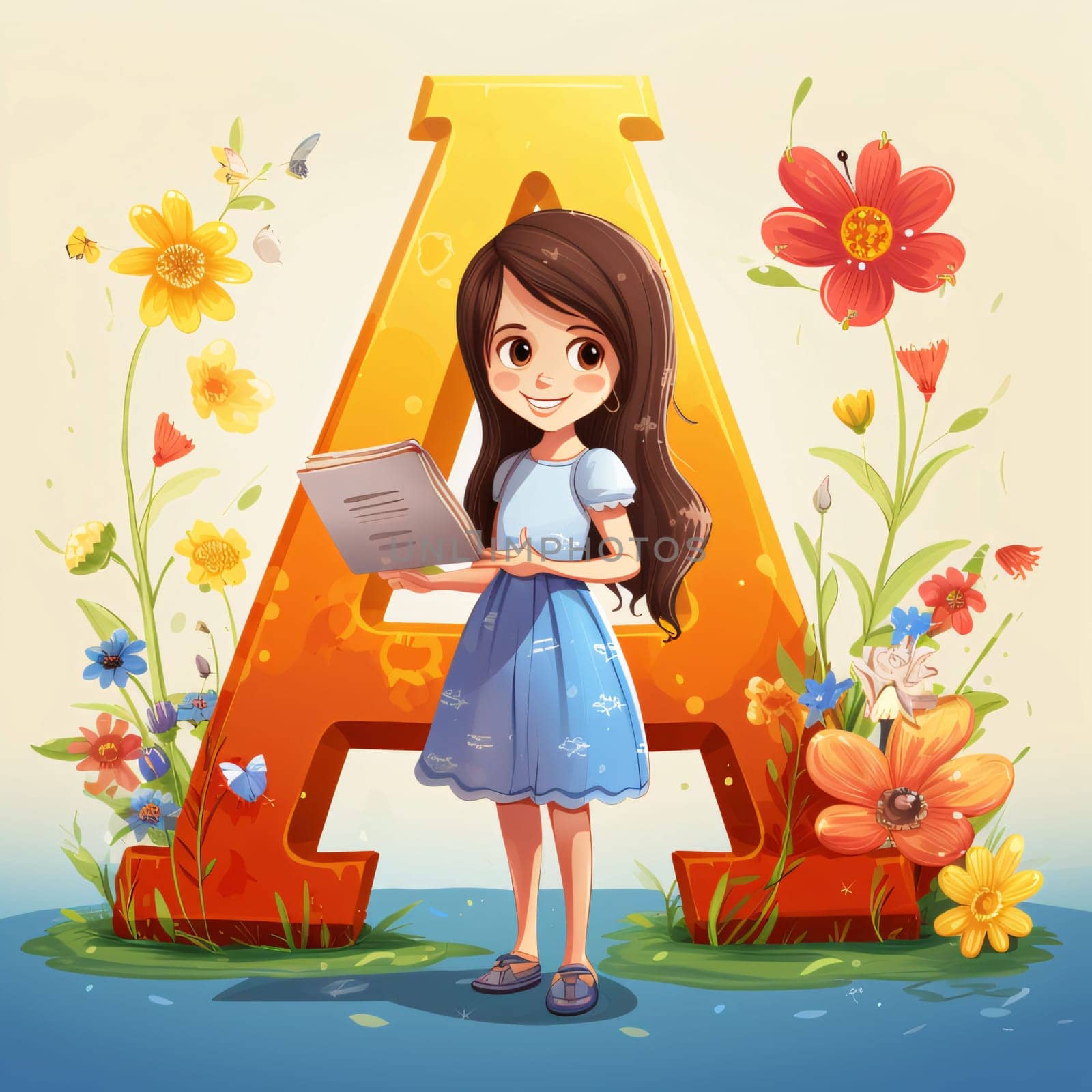 Graphic alphabet letters: Cute little girl with a book in the letter A. Vector illustration.