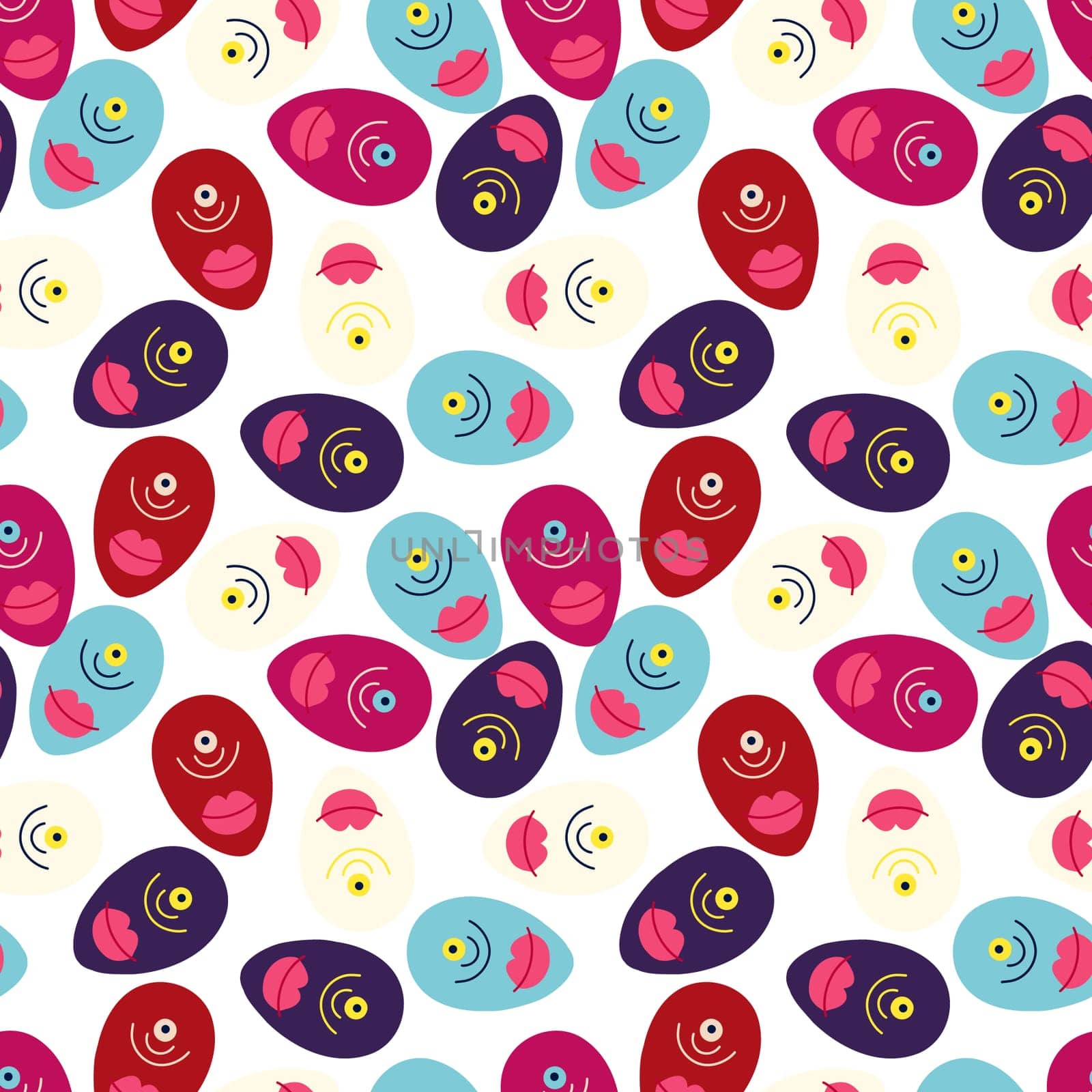 A pink background with a pattern of faces and lips. The faces are all different colors and sizes, and the lips are pink. Scene is playful and whimsical