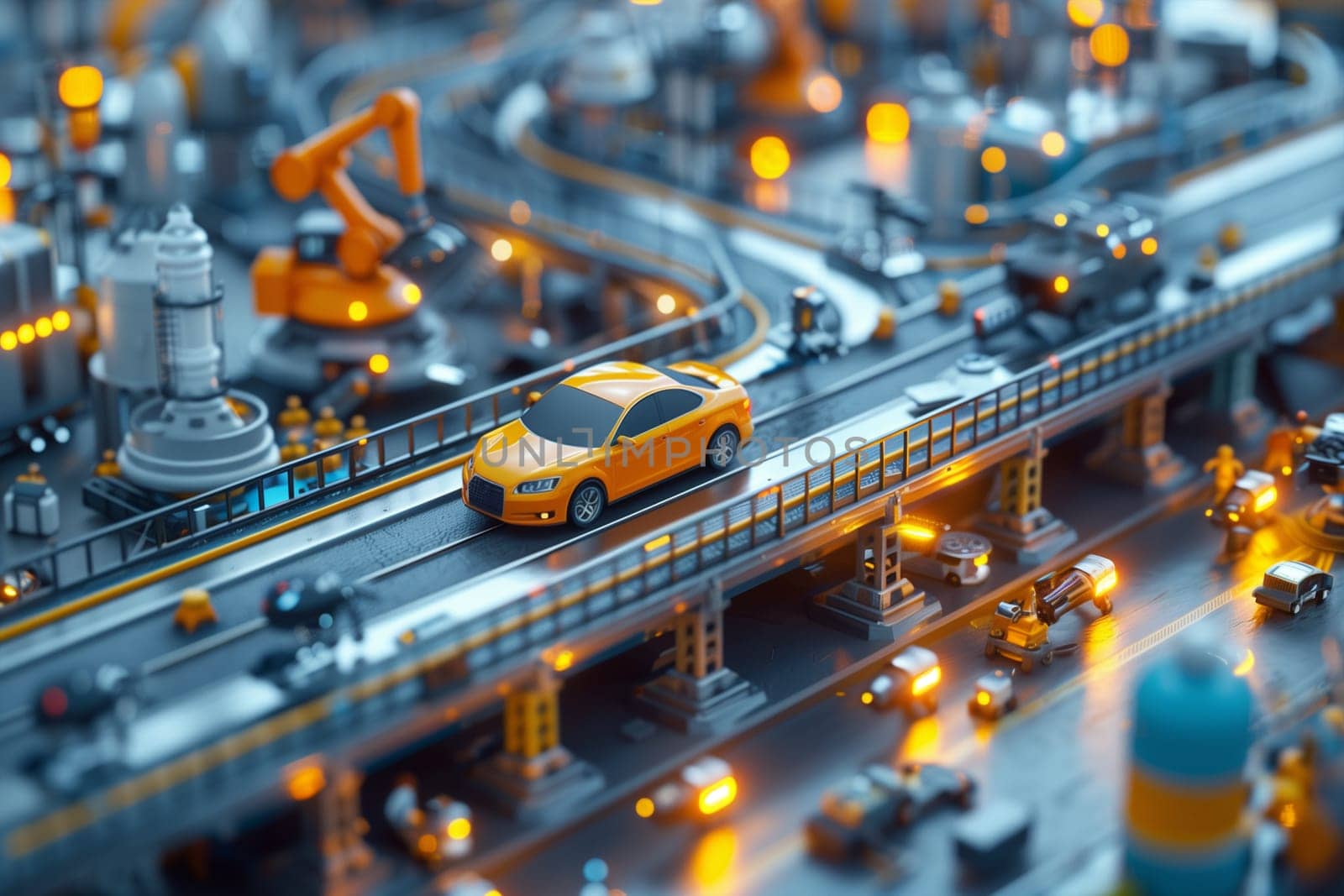 A toy car moves along a conveyor belt in a factory setting, part of an automated production line with robots.