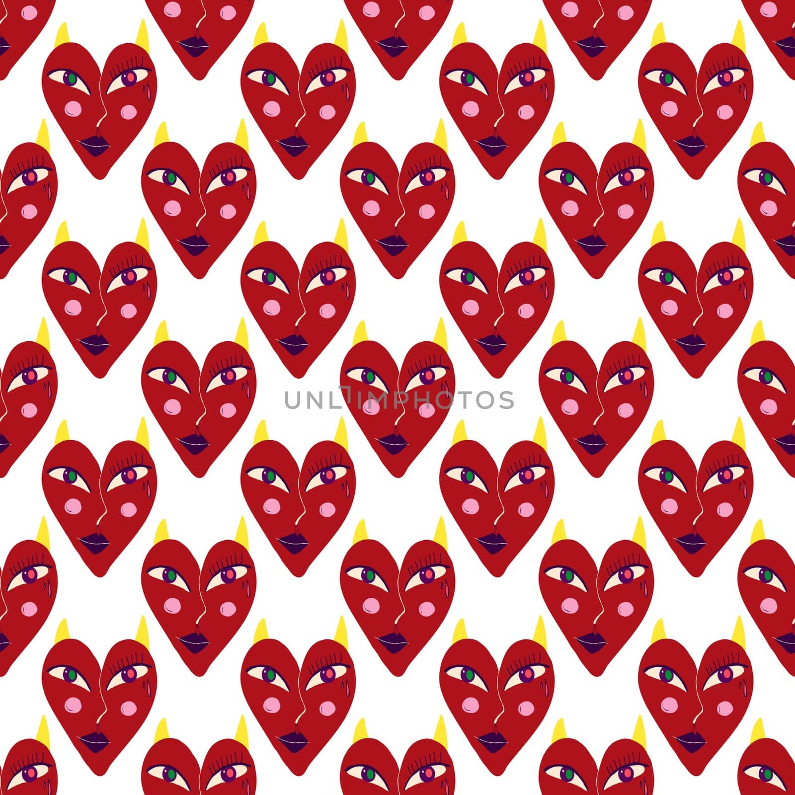 Pink Valentine's Day seamless pattern with devilish hearts. A pattern of devilish love hearts.