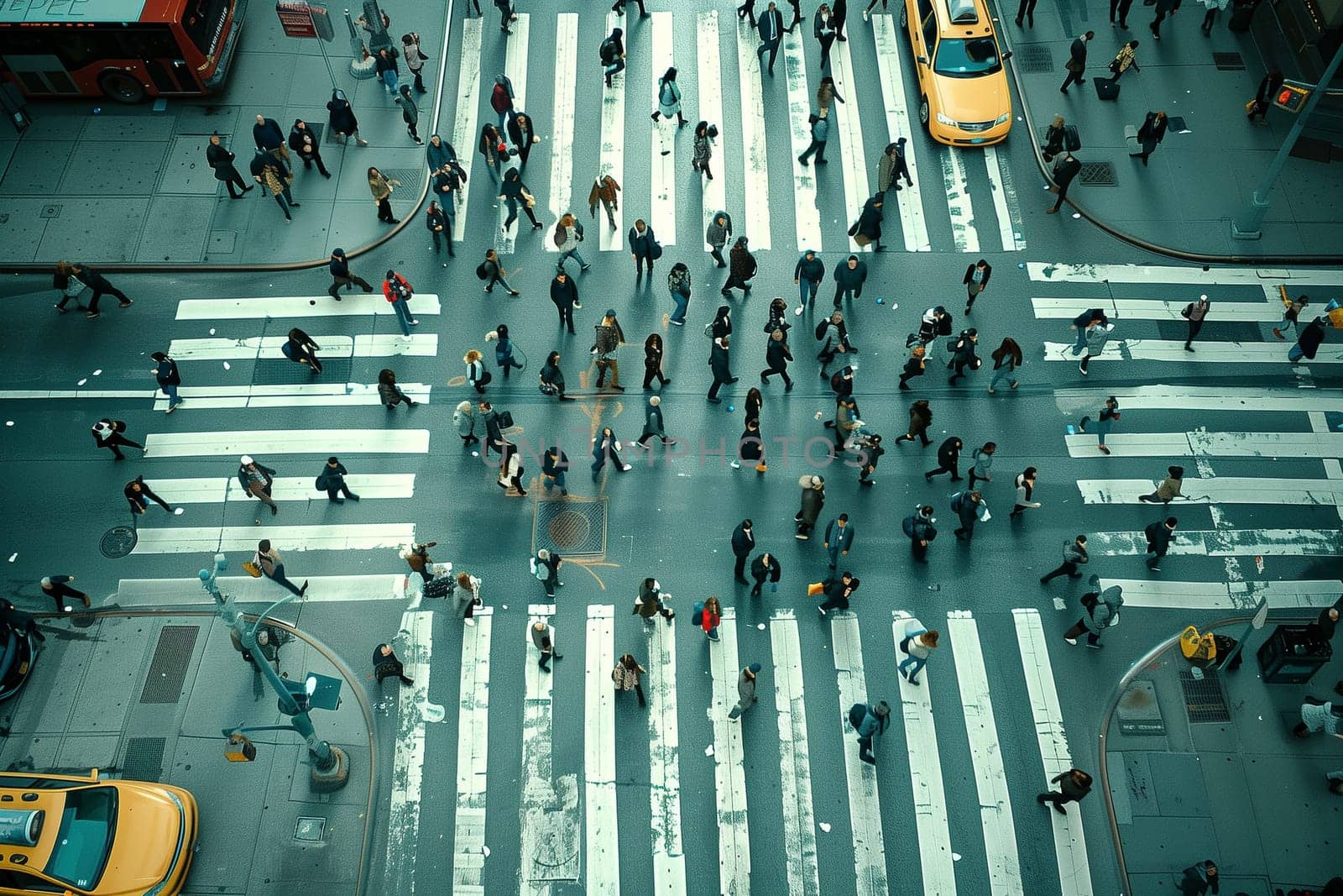 A top view of a bustling scene as a large group of pedestrians cross a busy street at a crossroads.