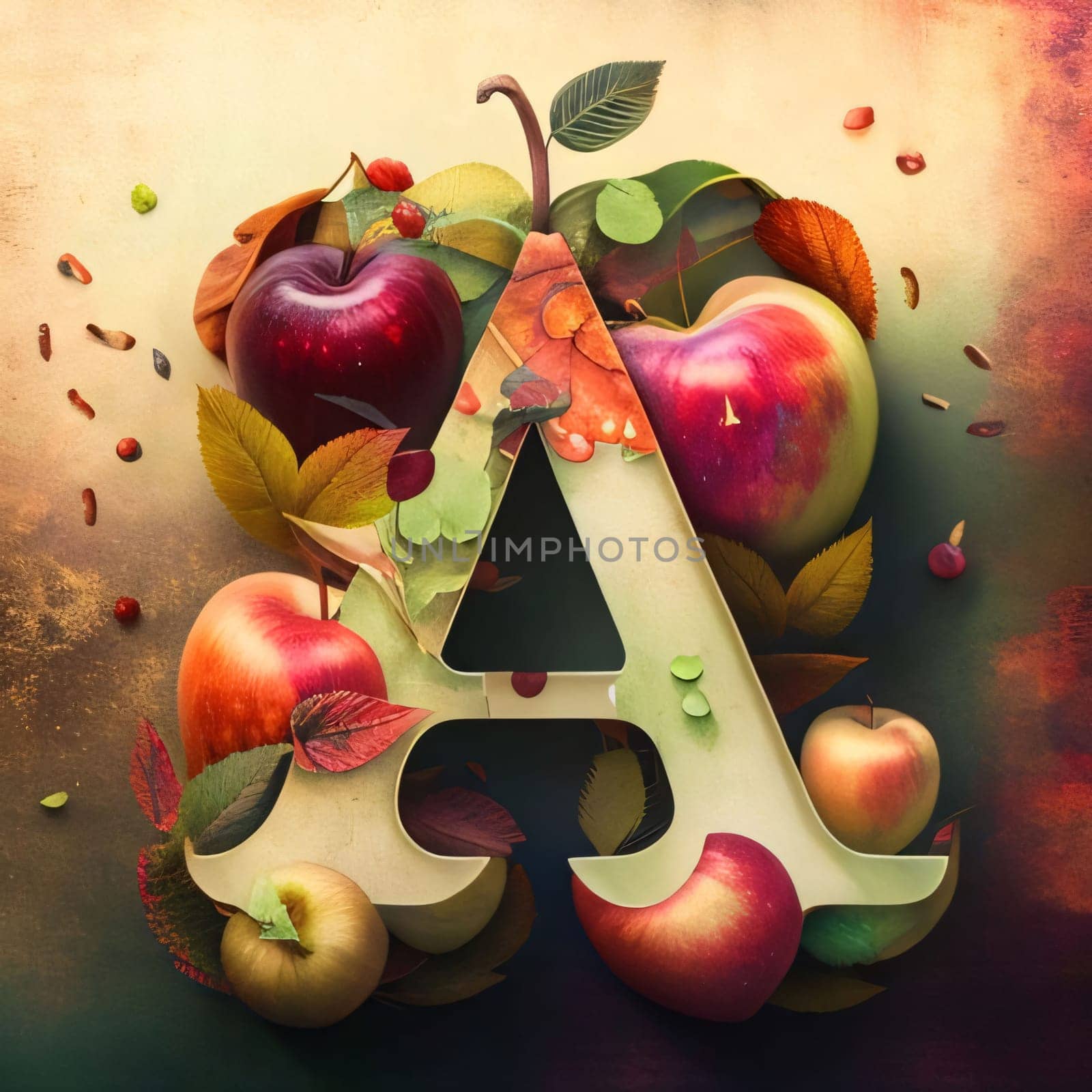 Graphic alphabet letters: Letter A made of autumn leaves, apples and berries on grunge background