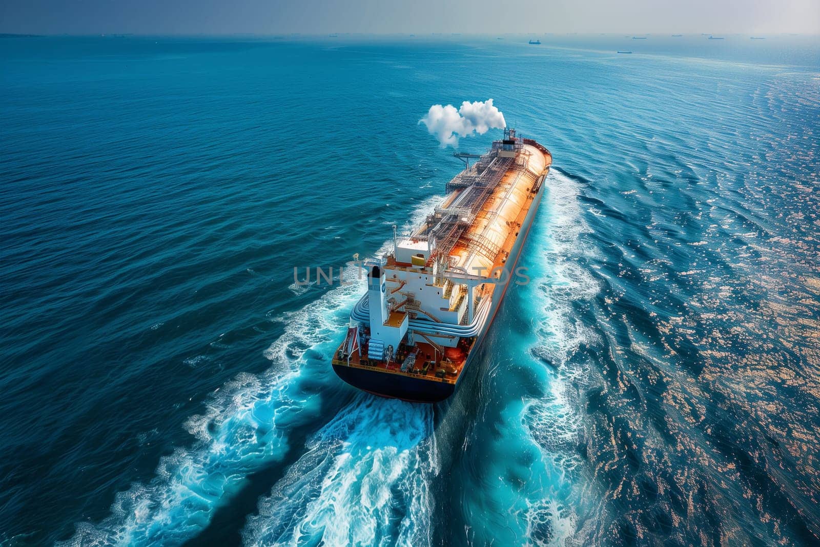 A large cargo tanker navigates the open waters of the ocean, transporting goods across the seas.