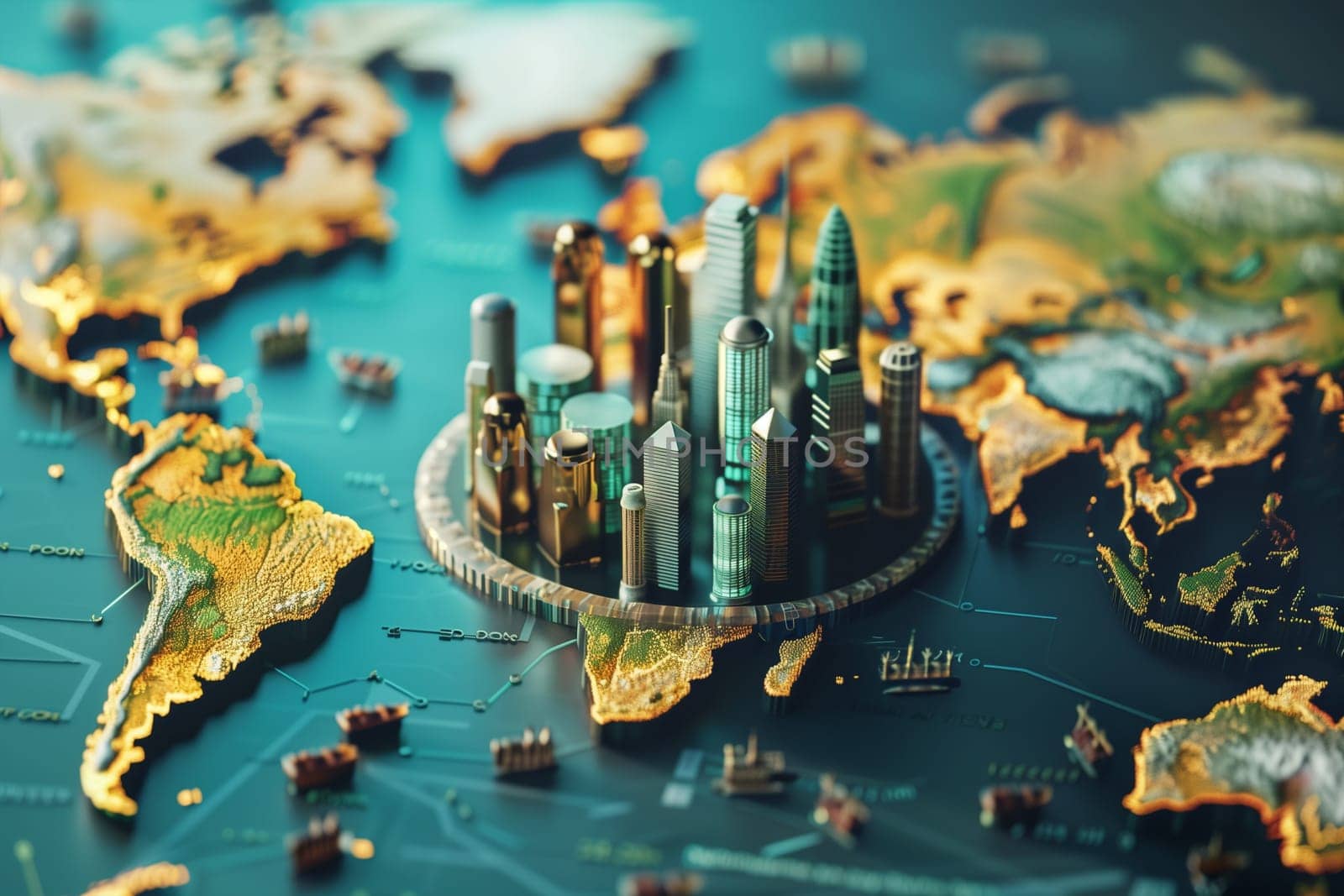 A detailed 3D model of a world map featuring various buildings and structures.