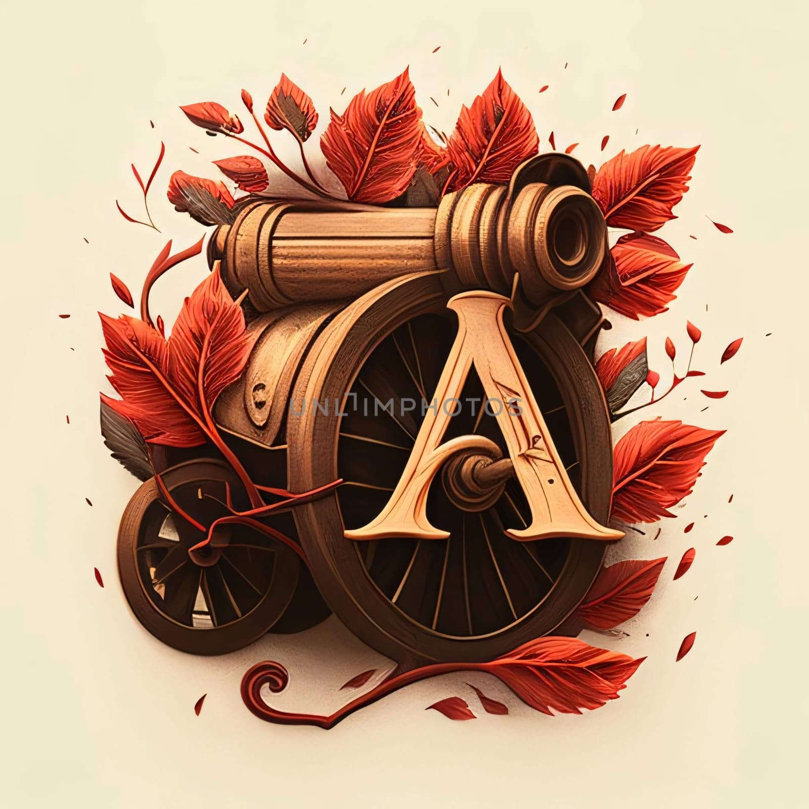 Graphic alphabet letters: Vintage alphabet letter A with a wheelbarrow and autumn leaves