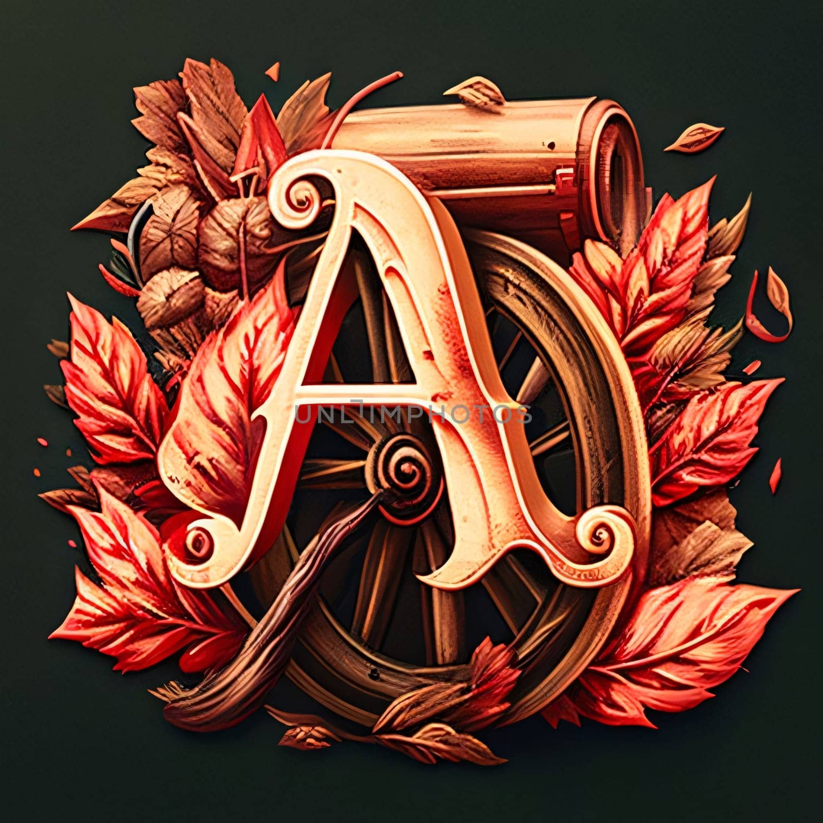 Graphic alphabet letters: Vintage letter A with autumn leaves on a dark background. 3d illustration