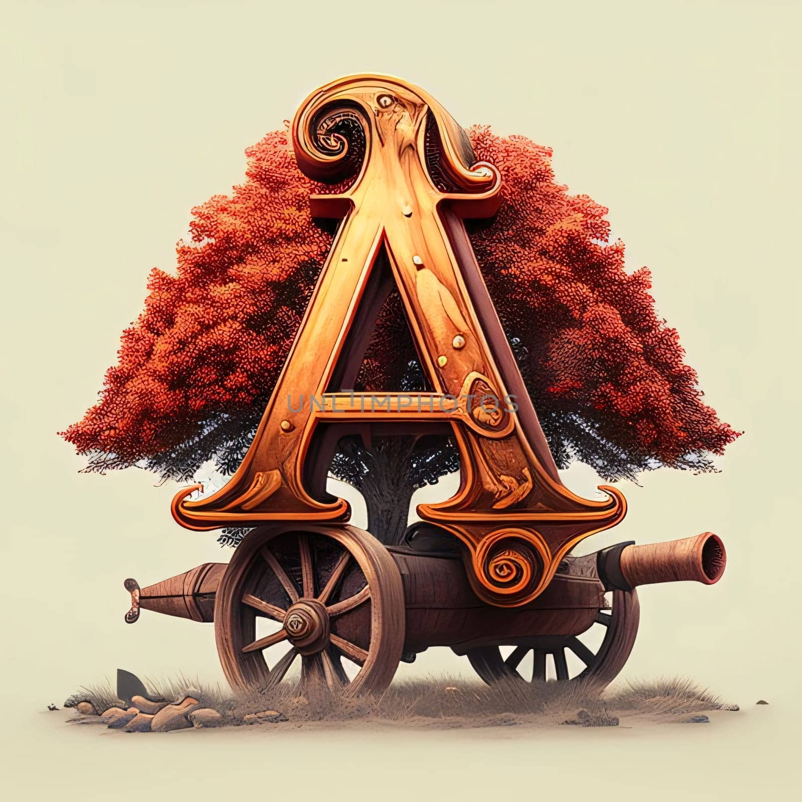 Graphic alphabet letters: Letter A with old wooden cart and tree. 3D illustration.