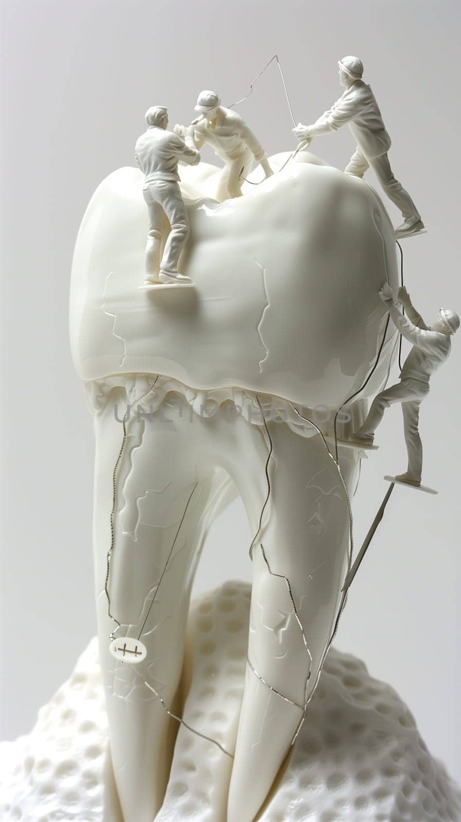 A sculpture of a tooth with tiny figurines of people climbing on it, showcasing a unique and creative art installation.