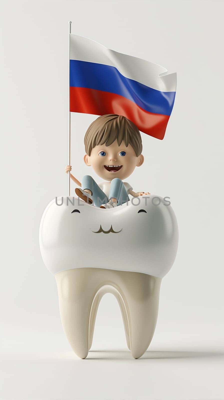 A child perched atop a giant tooth holds a Russian flag, symbolizing dental health and national pride.