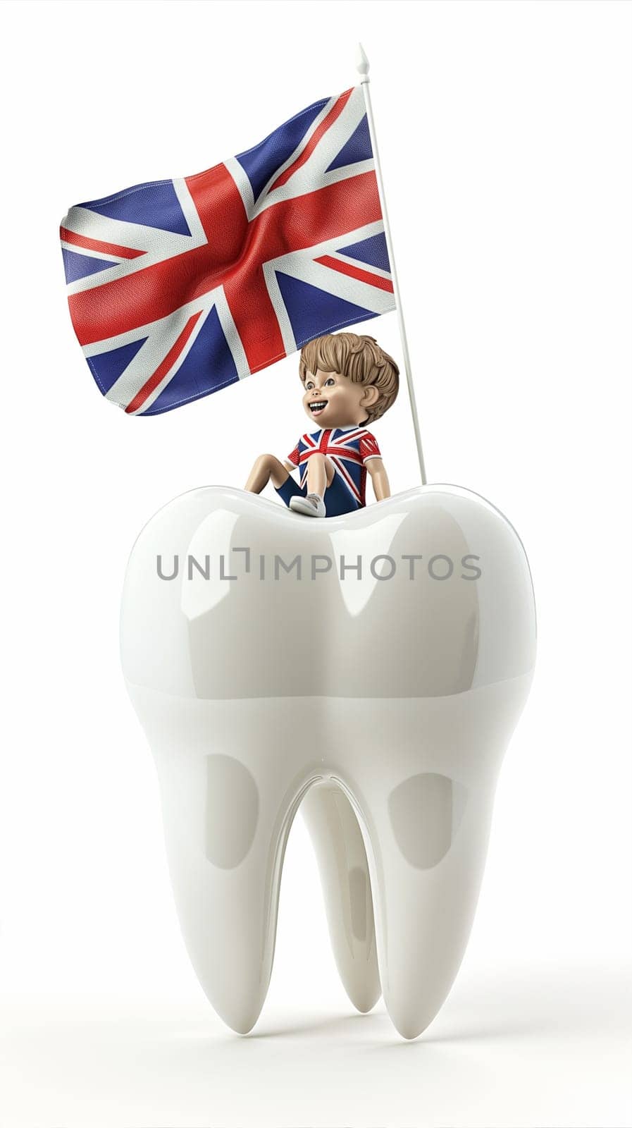 A tooth adorned with the British flag, symbolizing dental treatment related to the country or patriotism.