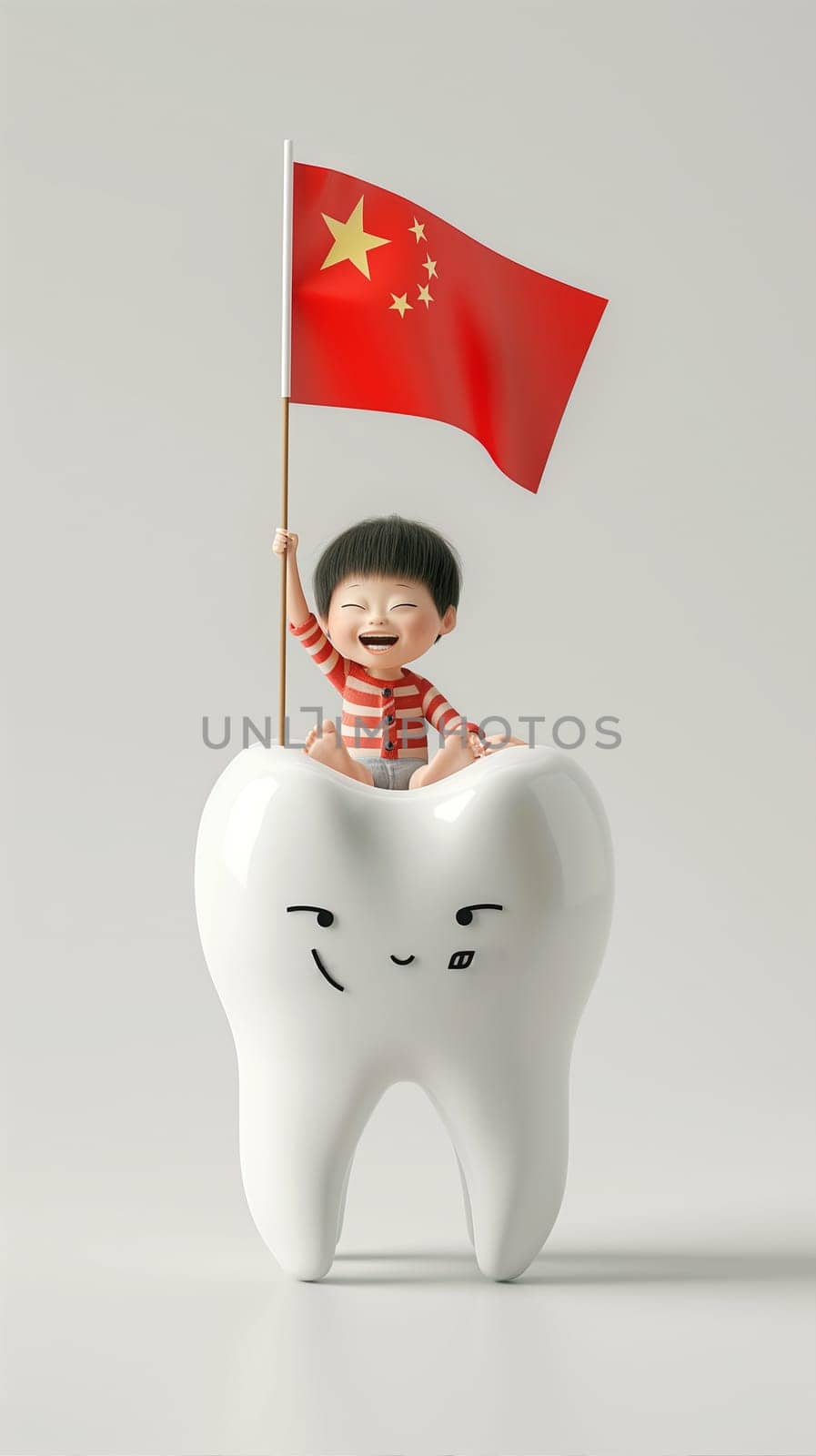 A tooth featuring a small Chinese flag on its surface.