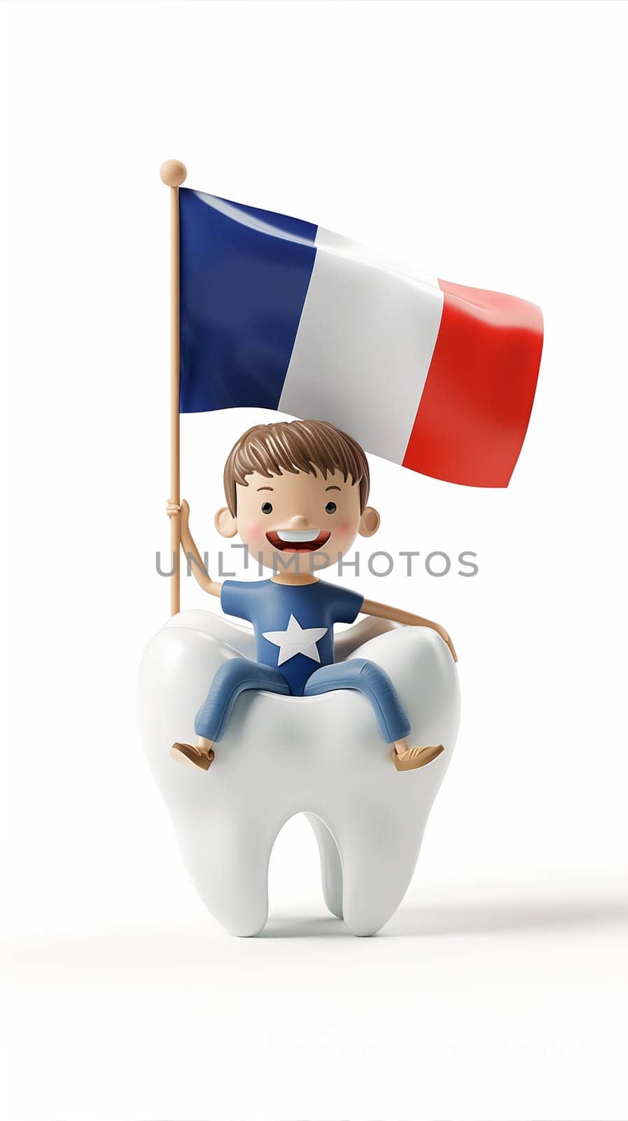 A young boy is seated atop a giant tooth, proudly waving a French flag in his hand.