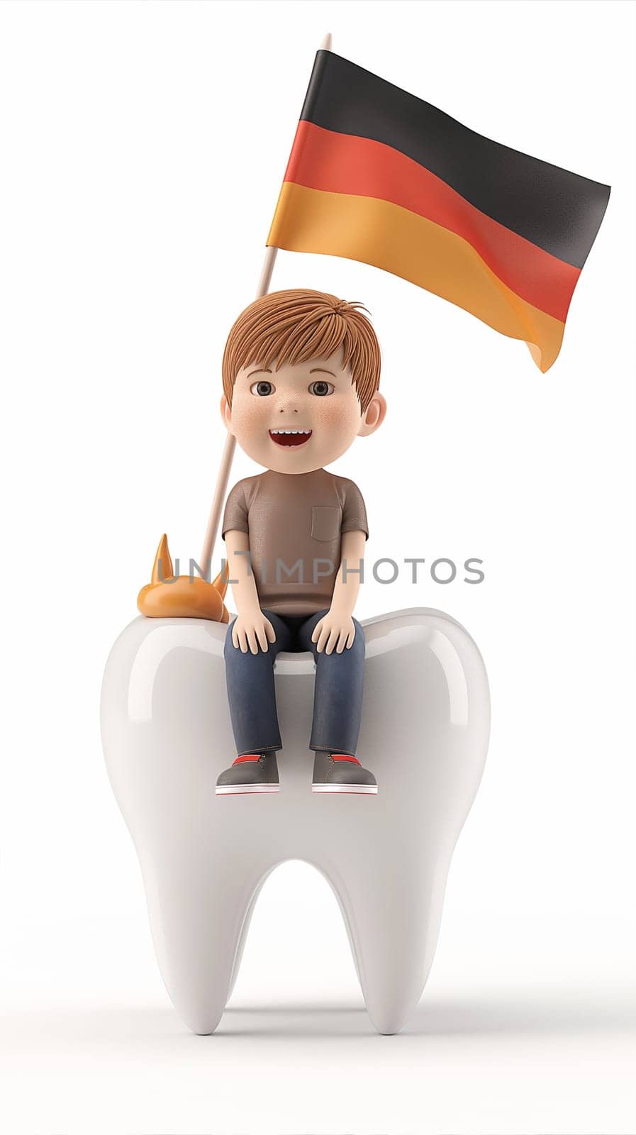 A young boy seated on a large tooth, proudly displaying a German flag.