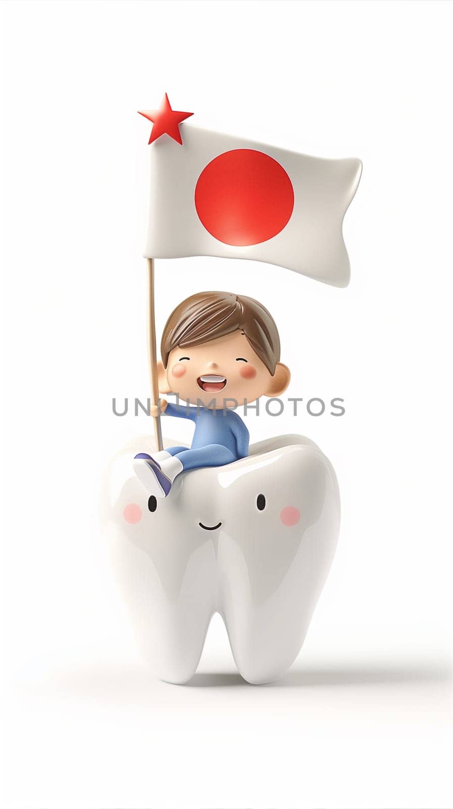 A child sitting on a tooth with a Japanese flag on it.