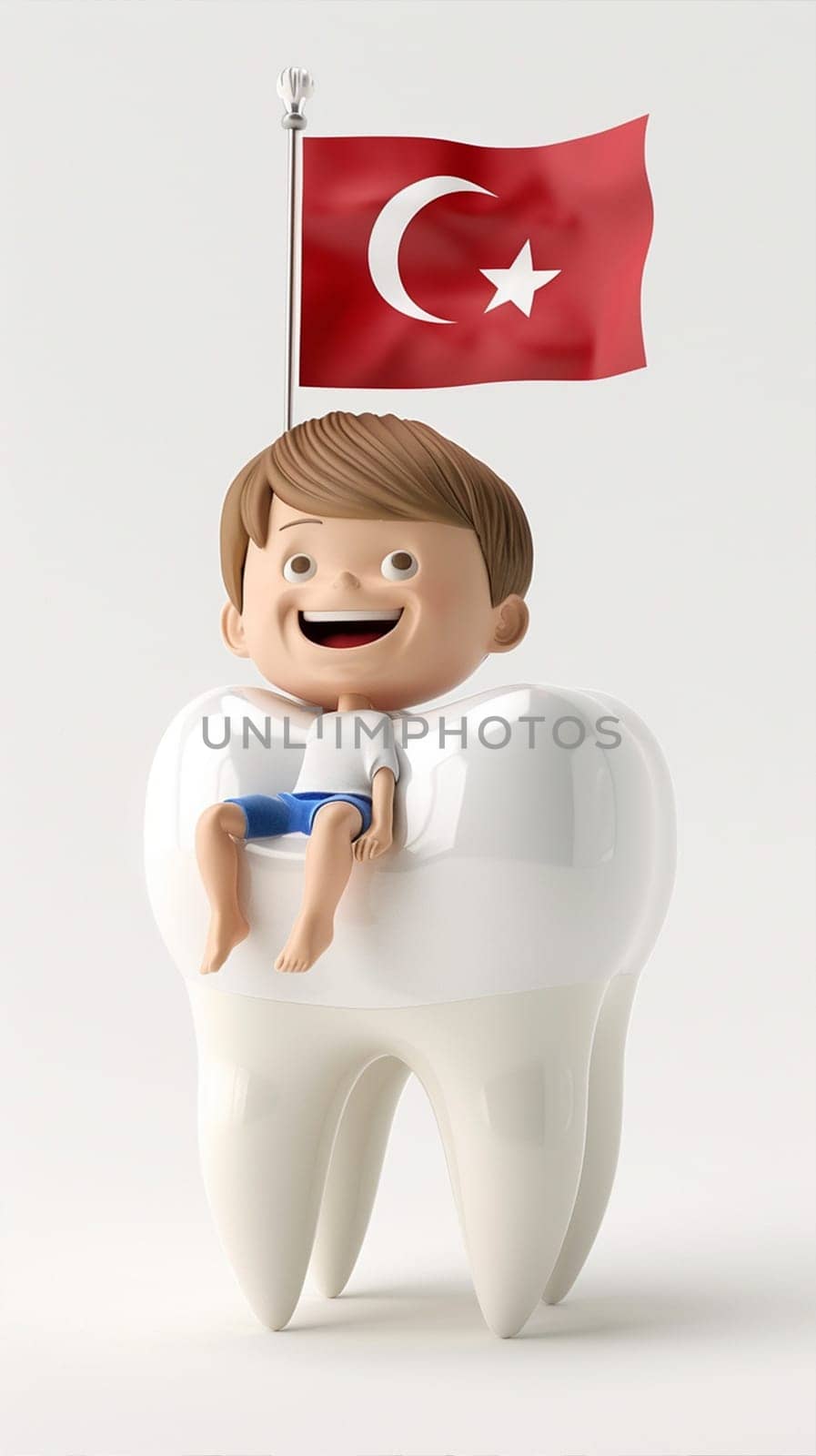 A boy sitting on a giant tooth with the national flag of Turkey. Symbolizing dental care, patriotism, and travel.