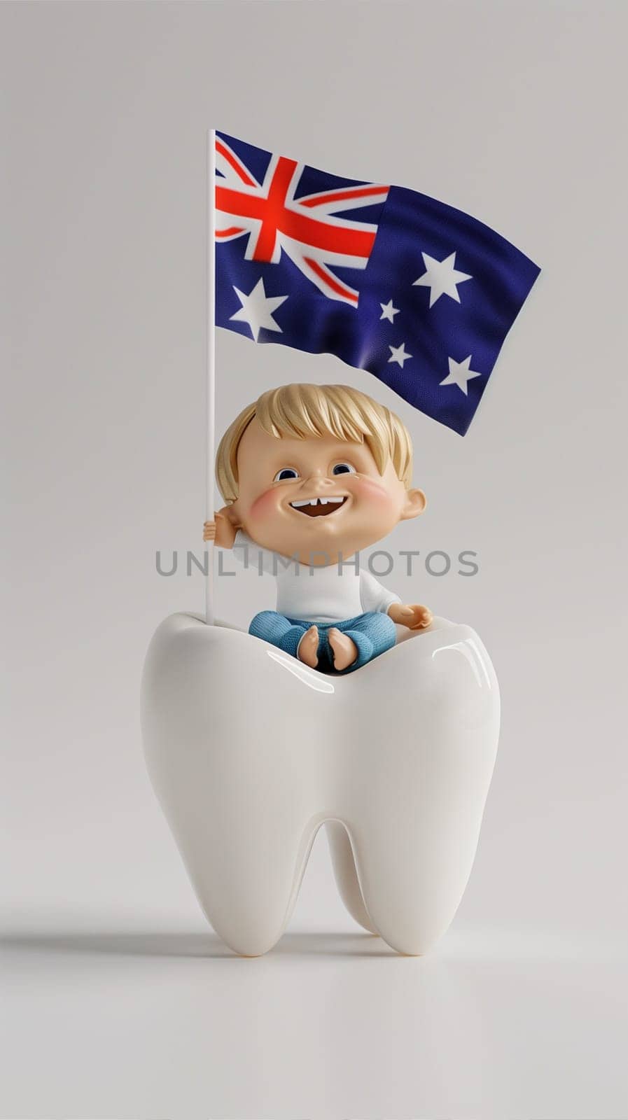 A child sits atop a tooth, proudly holding an Australian flag. Symbolizing patriotism and possibly a dental visit or tourism.