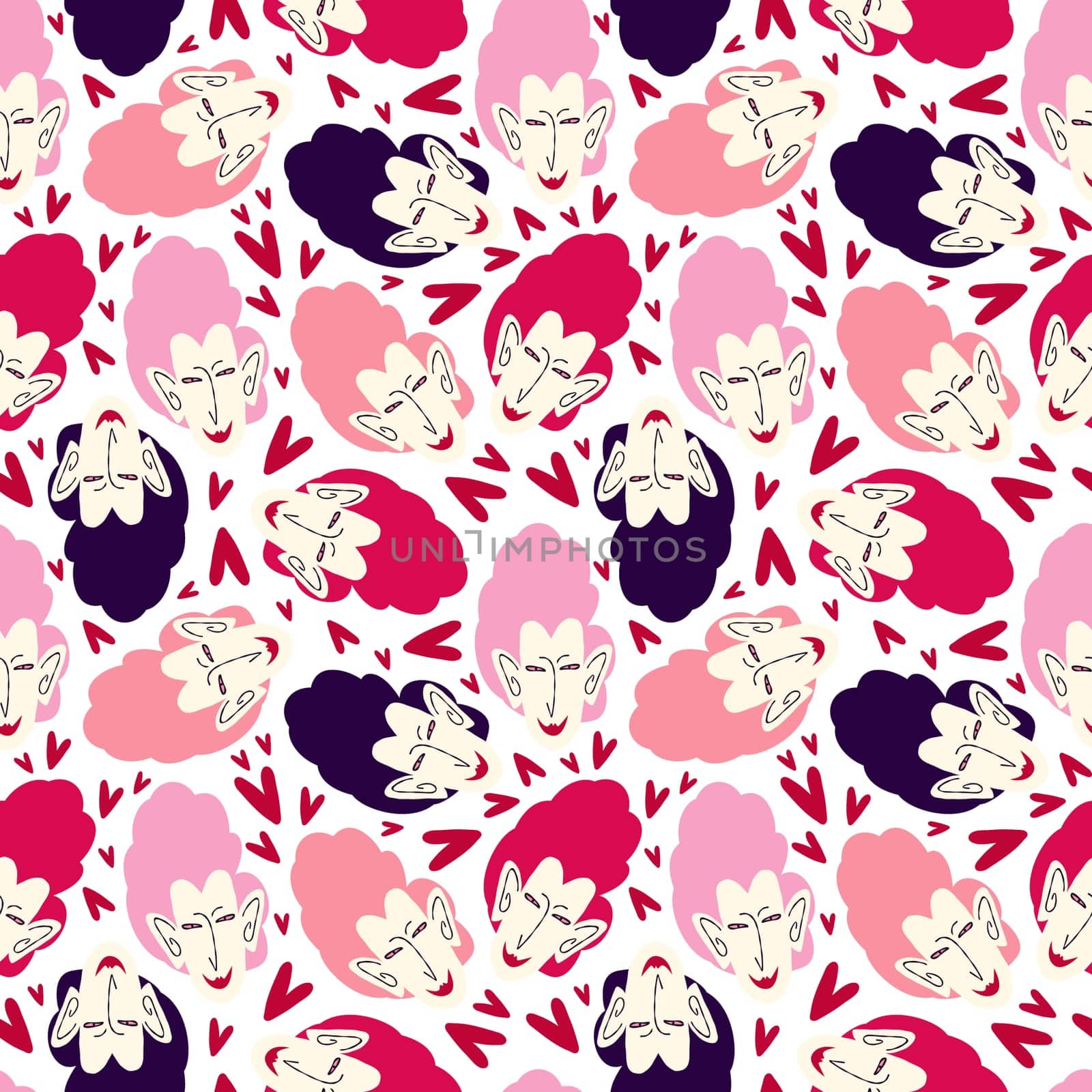 Pink cartoon funny pattern with cute womans faces with hearts