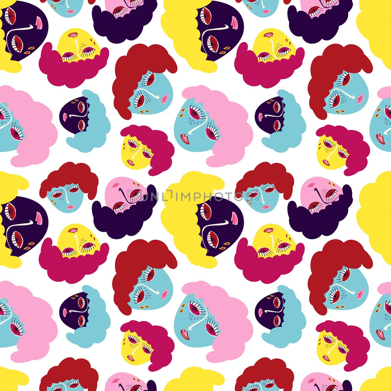 A colorful pattern of cartoon faces with lips and eyes by Dustick