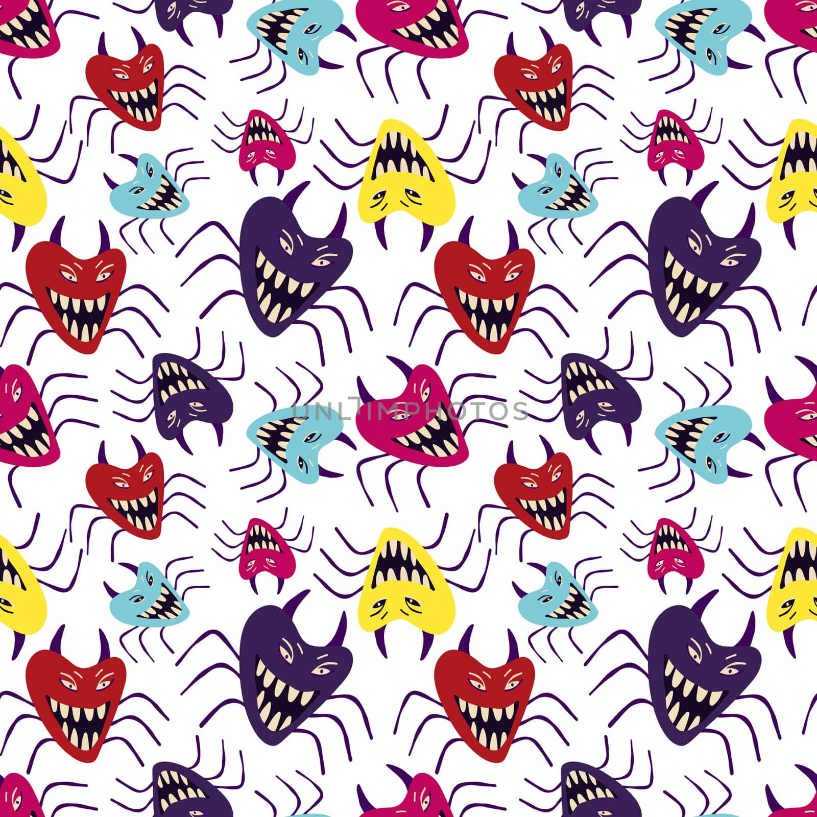 Pink Halloween seamless pattern of creepy insects with big teeth and mouths