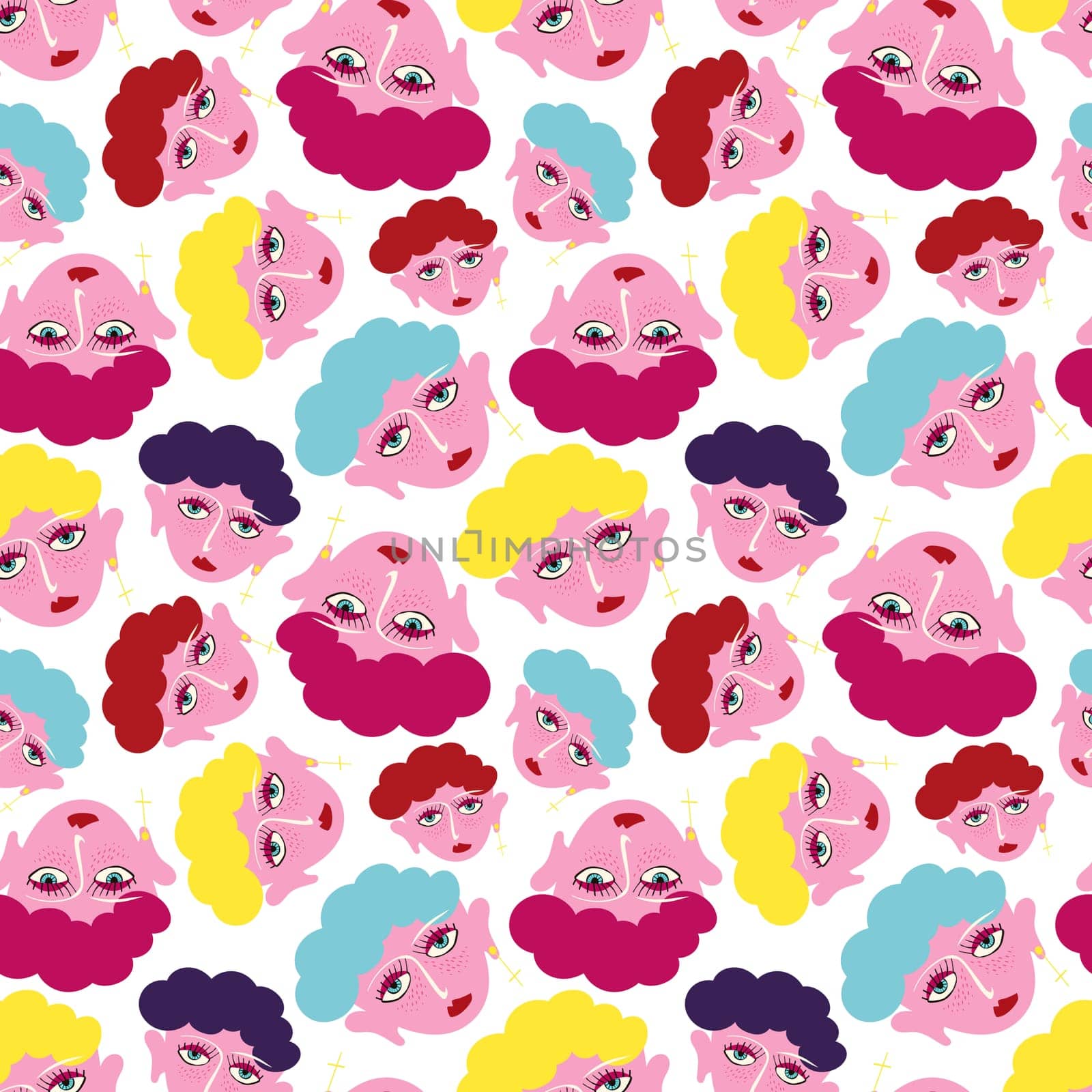 A colorful pattern of cartoon girl faces with lips and eyes. The faces are in various colors and sizes, and they are arranged in a way that creates a sense of movement and energy.