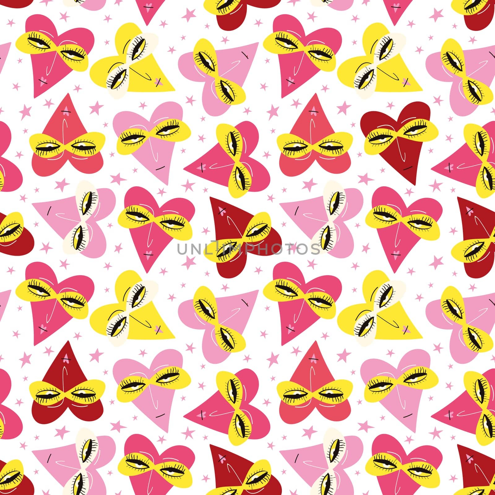 pink Valentines Day pattern with ugly funky hearts. Groovy cute love characters by Dustick