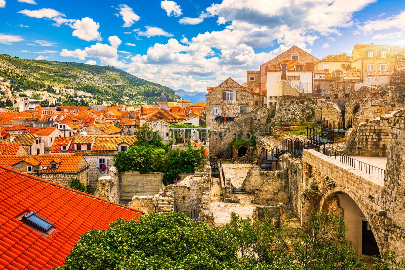 The aerial view of Dubrovnik, a city in southern Croatia fronting the Adriatic Sea, Europe. Old city center of famous town Dubrovnik, Croatia. Dubrovnik historic city of Croatia in Dalmatia. 