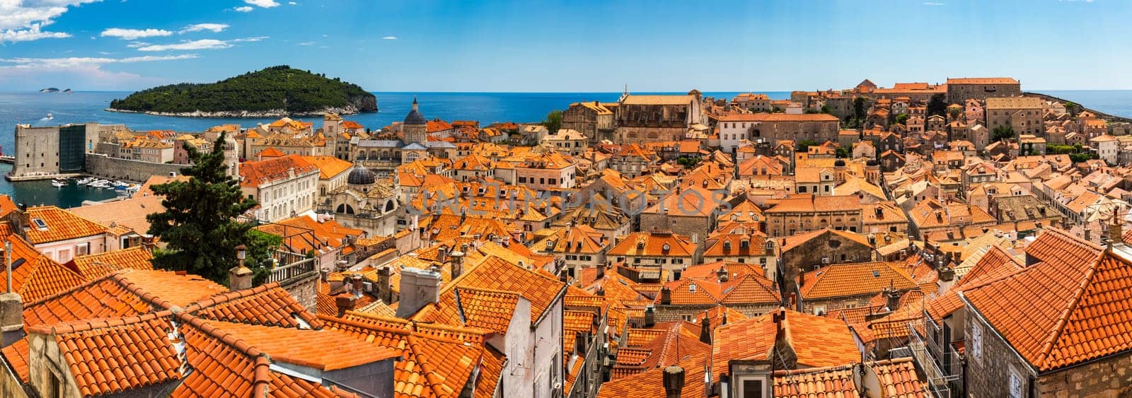 The aerial view of Dubrovnik, a city in southern Croatia fronting the Adriatic Sea, Europe. Old city center of famous town Dubrovnik, Croatia. Dubrovnik historic city of Croatia in Dalmatia. 