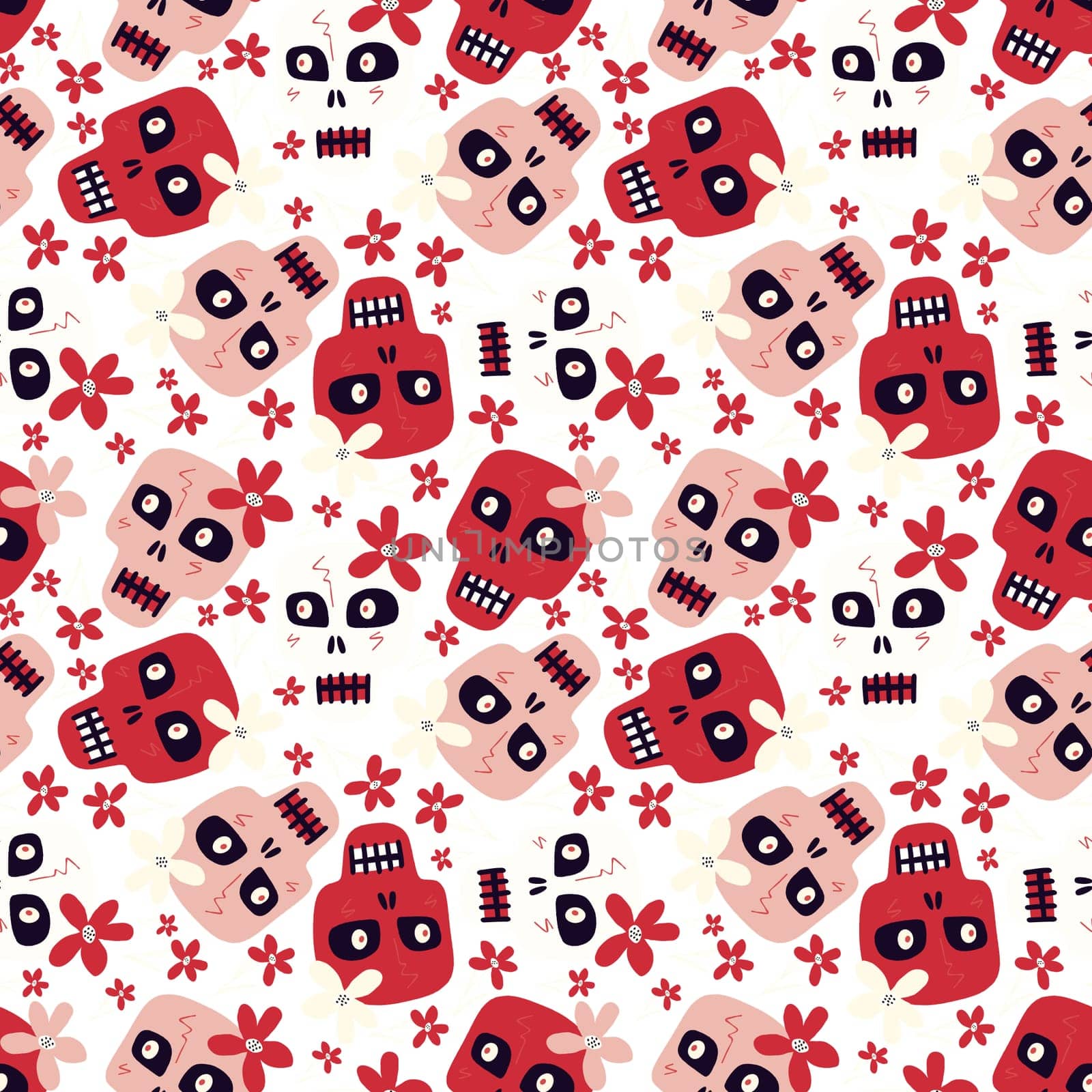 Pink and red Halloween cute cartoon pattern with funny skulls with a flowers by Dustick