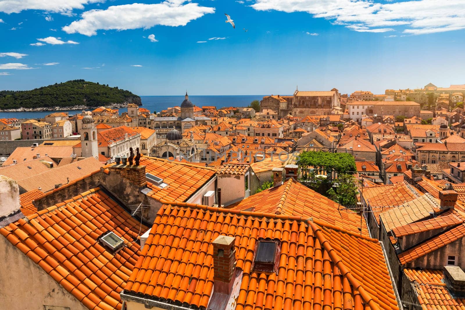 The aerial view of Dubrovnik, a city in southern Croatia fronting the Adriatic Sea, Europe. Old city center of famous town Dubrovnik, Croatia. Dubrovnik historic city of Croatia in Dalmatia. 