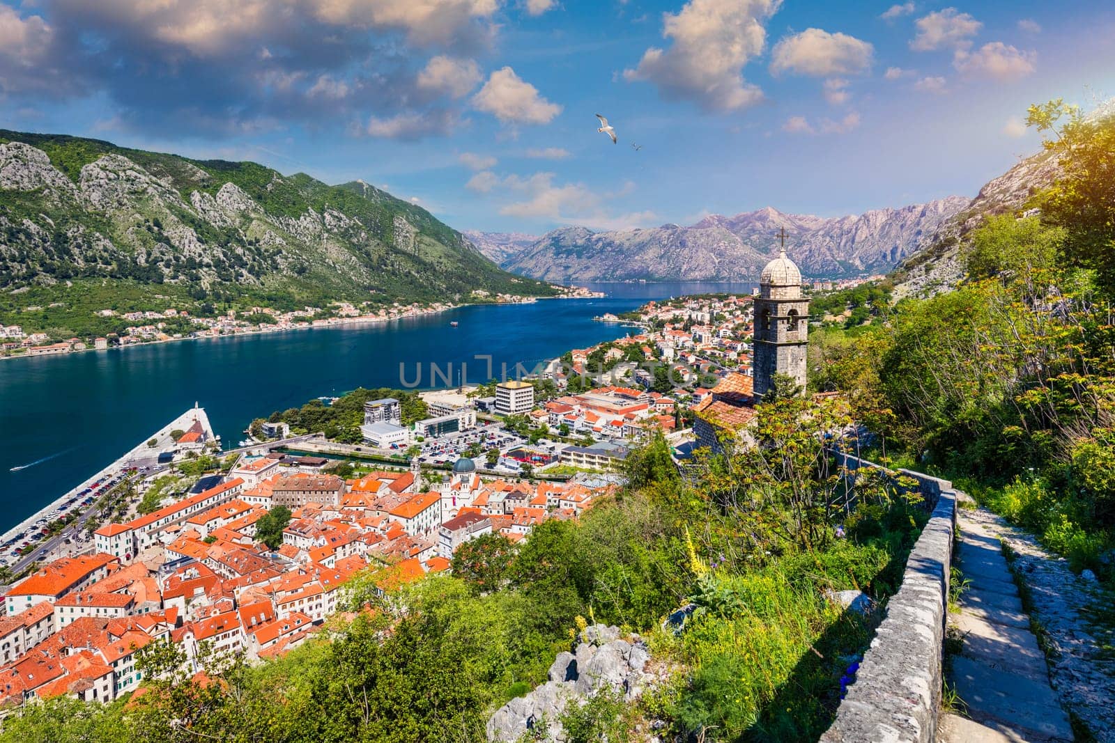 View of the old town of Kotor, Montenegro. Bay of Kotor bay is one of the most beautiful places on Adriatic Sea. Historical Kotor Old town and the Kotor bay of Adriatic sea, Montenegro.