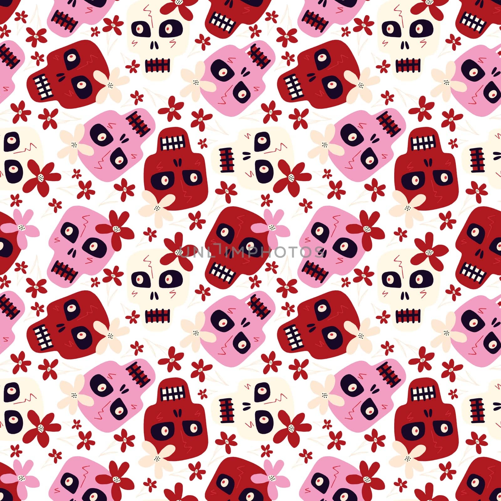 Purple and red Halloween cute cartoon pattern with funny skulls with a flowers by Dustick