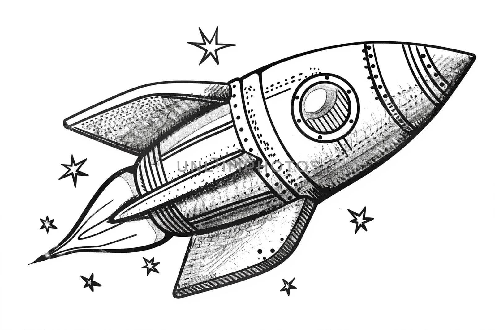 A monochromatic illustration of a rocket ship blasting off into space.