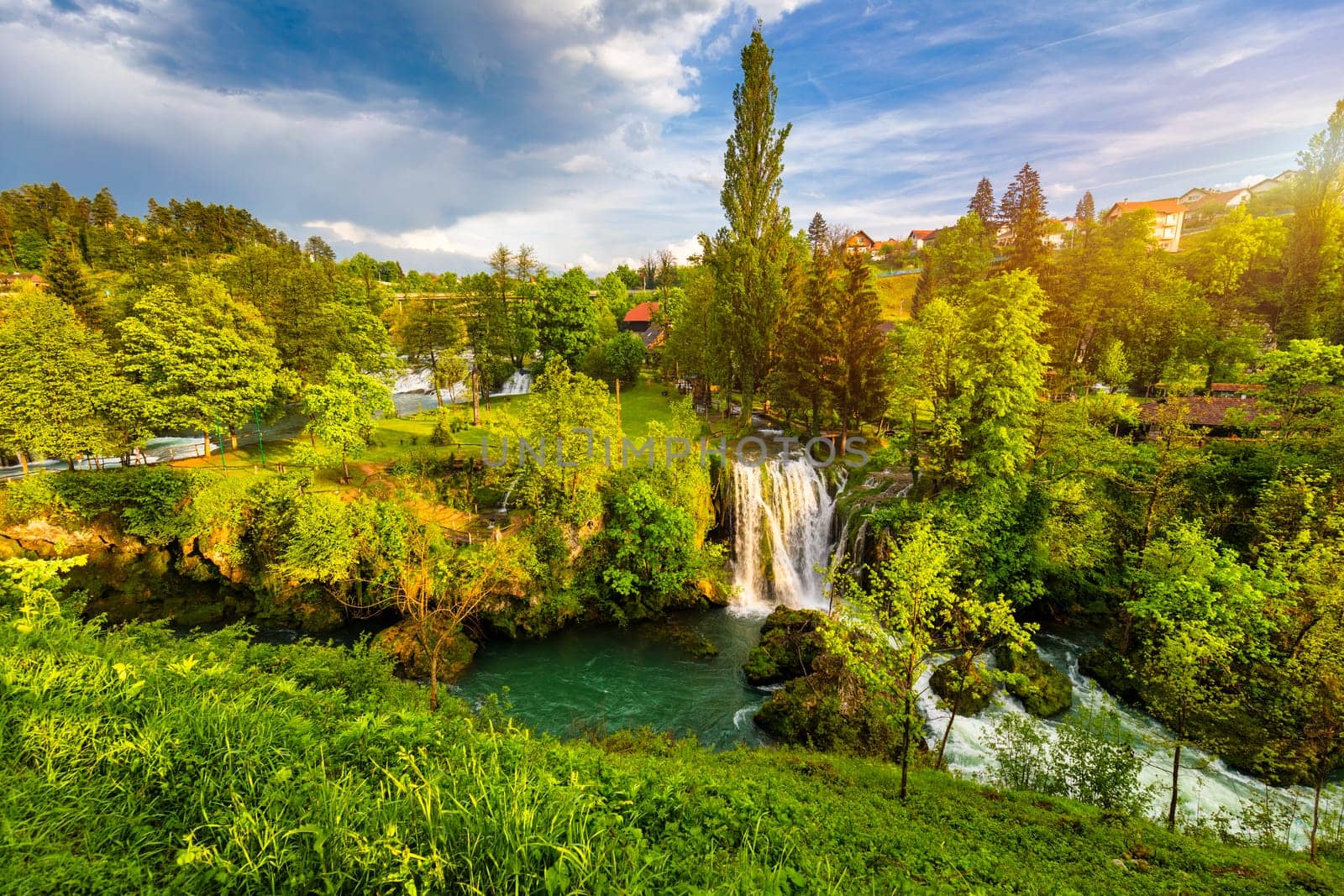 Village of Rastoke near Slunj in Croatia, old water mills on waterfalls of Korana river, beautiful countryside landscape. Landscape with river and little waterfalls in Rastoke village, Croatia.