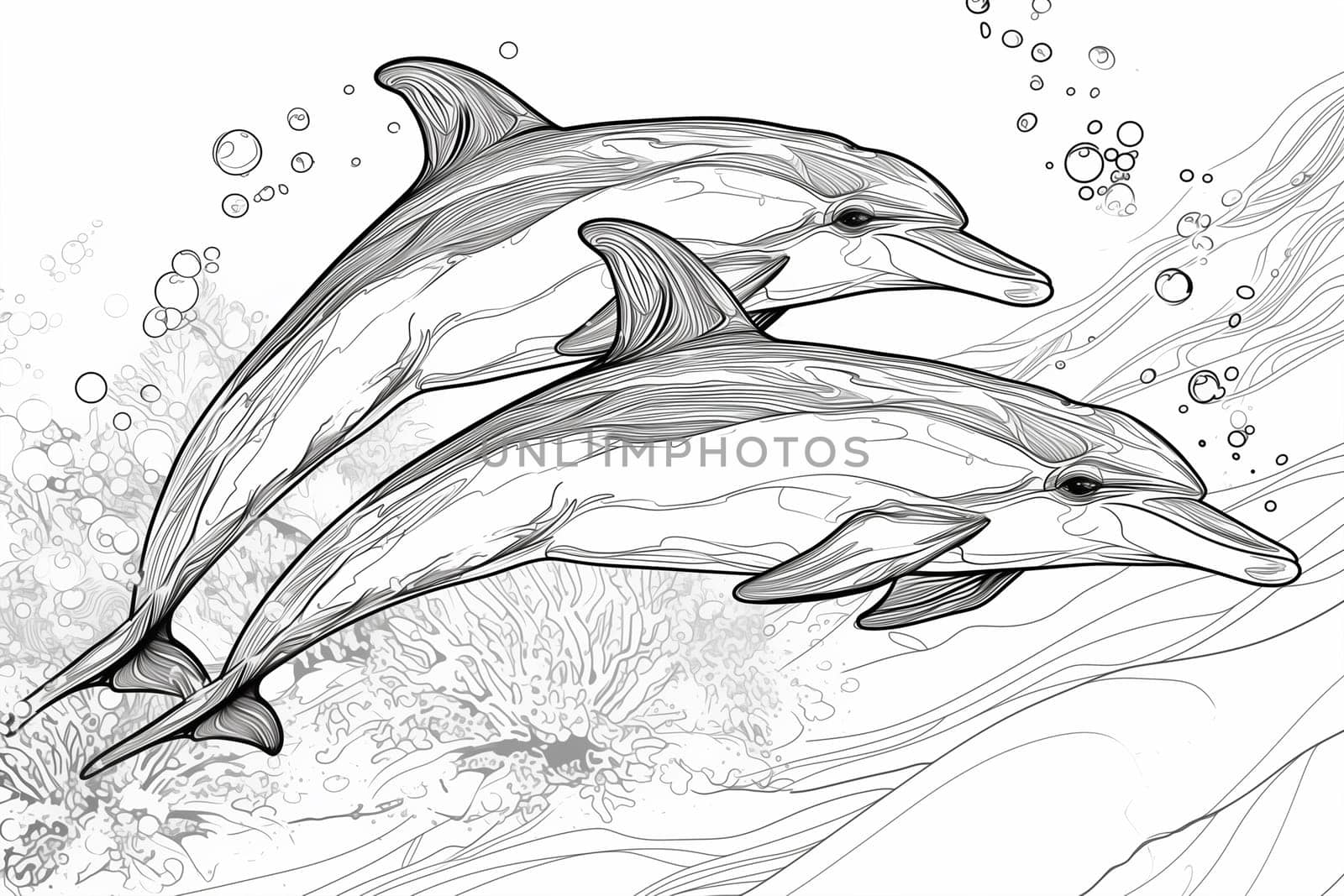 Two dolphins gracefully swim in the ocean, their sleek bodies gliding through the water with ease.