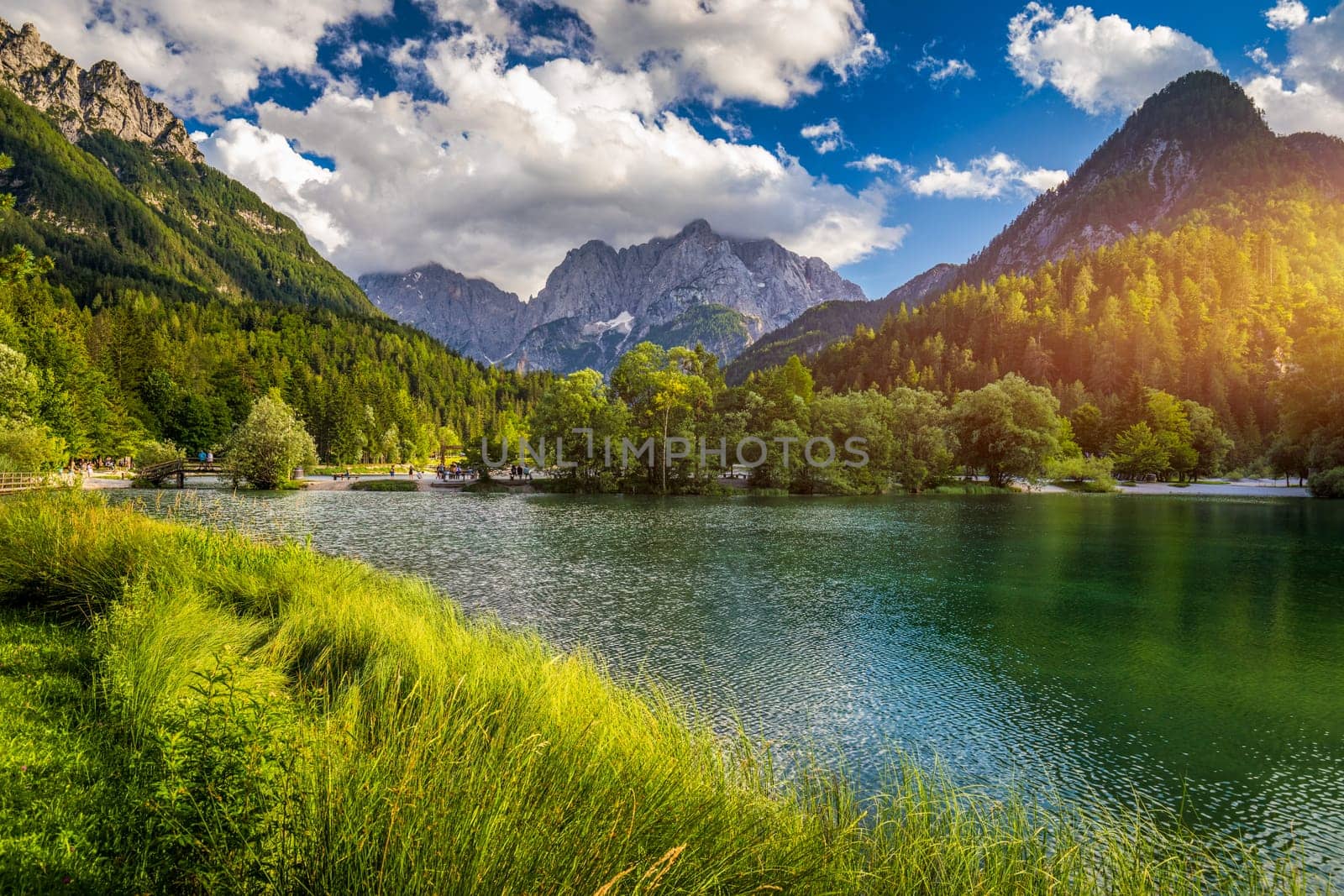 Great nature scenery in Slovenian Alps. Incredible summer landscape on Jasna lake. Triglav national park. Kranjska Gora, Slovenia. Mountain lake Jasna in Krajsnka Gora, Slovenia. 